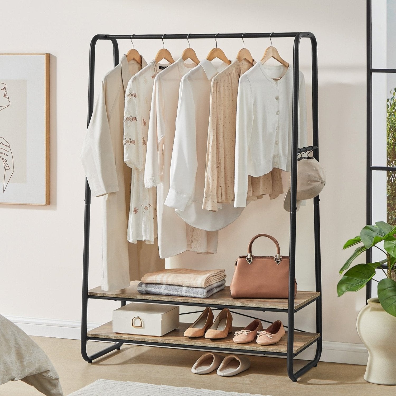 VASAGLE - Portant Vêtement Solide, jusqu'à 190kg, Porte Vetement Chambre, Porte-manteau avec 2 étagères, 6 Crochets, Acier, Marron Turquoise et Noir