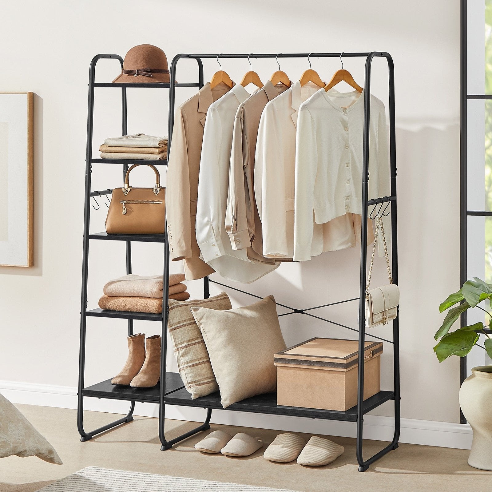 VASAGLE - Portant Vêtement Solide, jusqu'à 220kg, Armoire Ouverte, avec 5 Étagèress de Rangement, 6 Crochets, Style Industriel, Noir