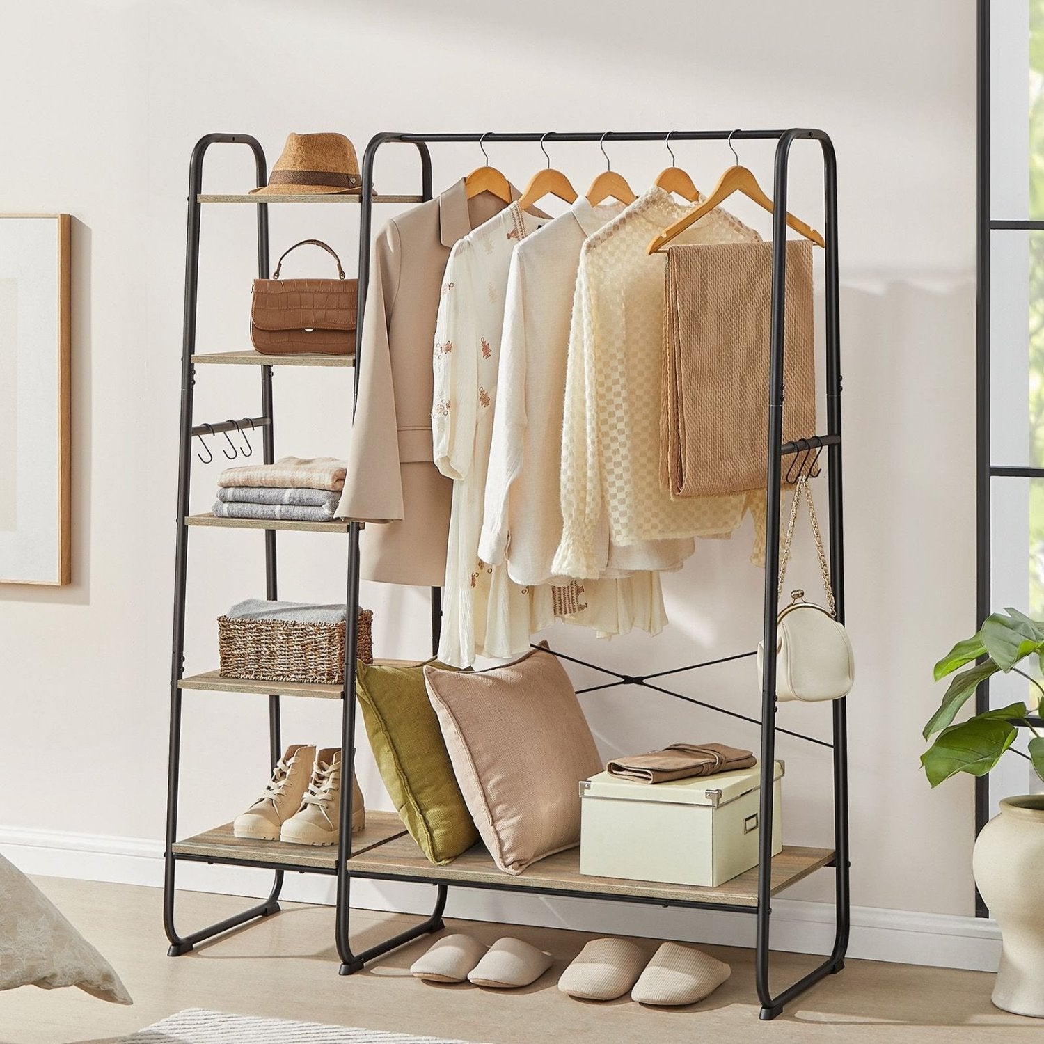 VASAGLE - Portant Vêtement Solide, jusqu'à 220kg, Armoire Ouverte, avec 5 Étagèress de Rangement, 6 Crochets, Industriel, Marron Turquoise et Noir