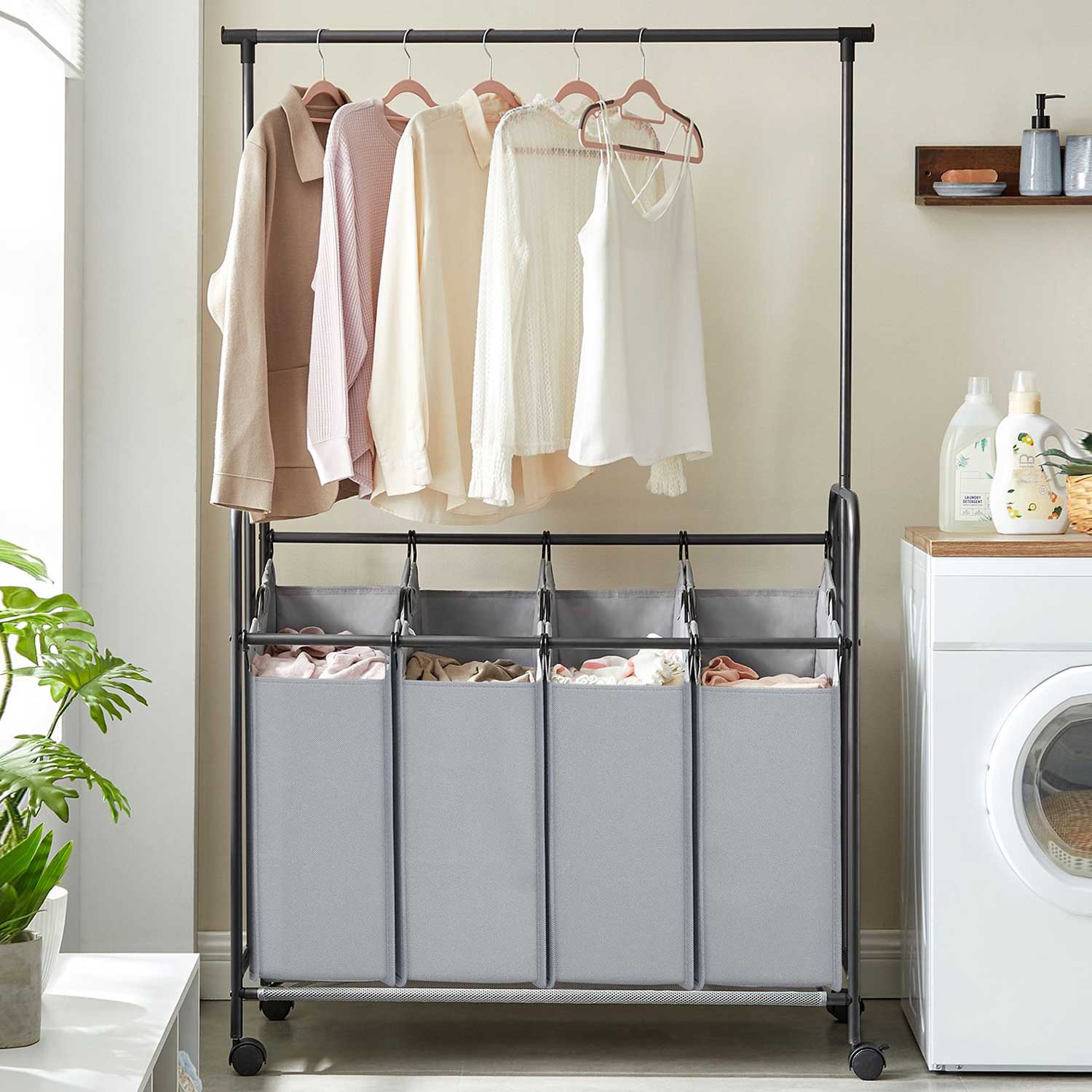 SONGMICS - Panier à Linge Pliable, Panier Linge Bois, panier à linge 4 compartiments, chariot à linge, sac à linge amovible, 4 x 50 litres, Gris