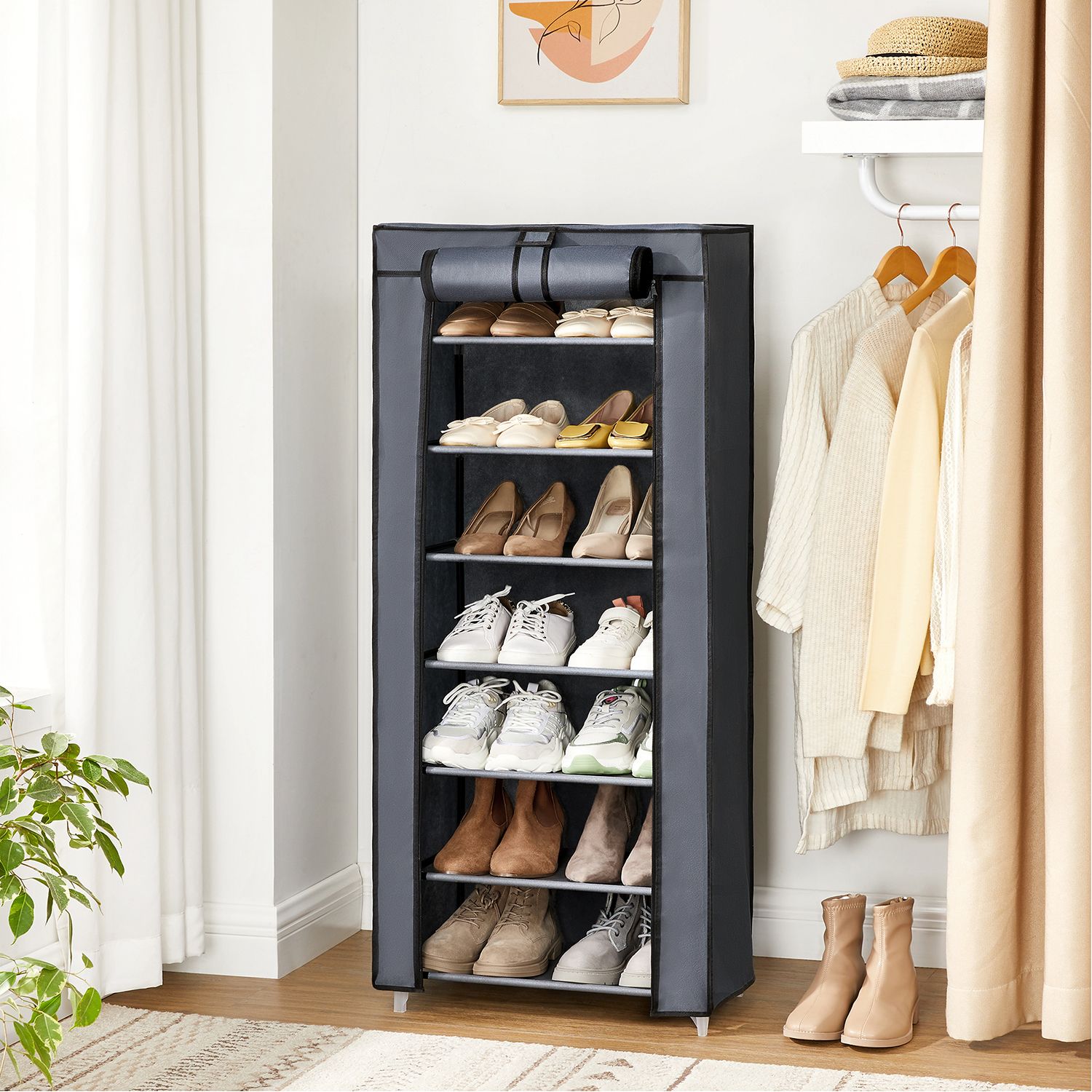 SONGMICS - Meuble à Chaussures, en Tissu à 7 Niveaux, Étagère à chaussures, 28 x 46 x 126 cm, avec Housse de Protection, Cadre en Métal, Gris