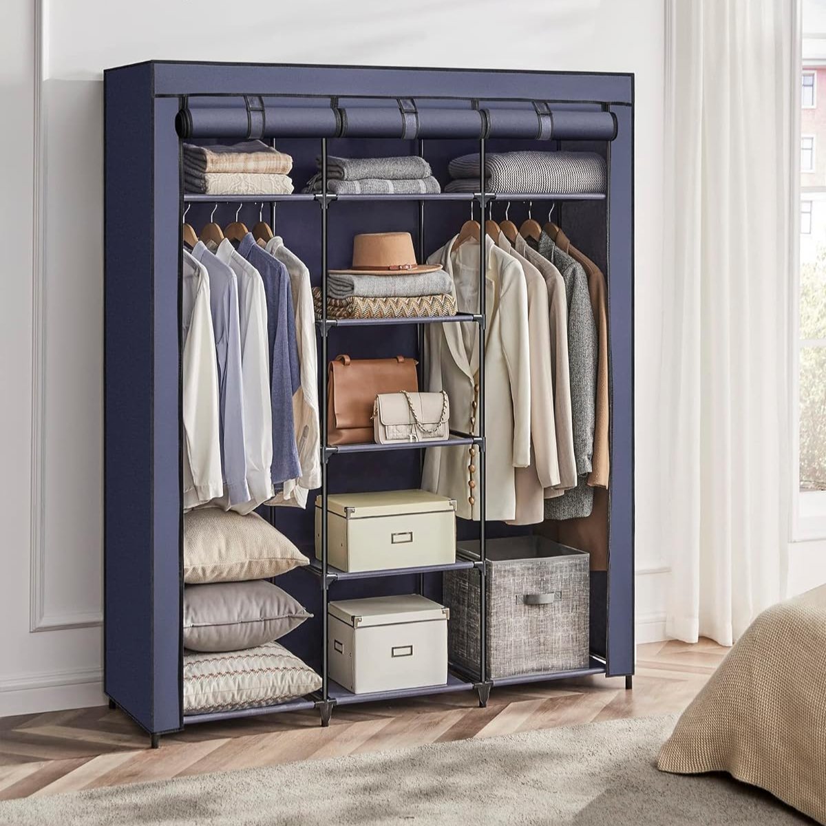 SONGMICS - Penderie Tissu, Armoire Tissu, Armoire Pliable, Portant Vetement, avec tringles à vêtements, rangement, sacs, chaussures, dressing, Bleu
