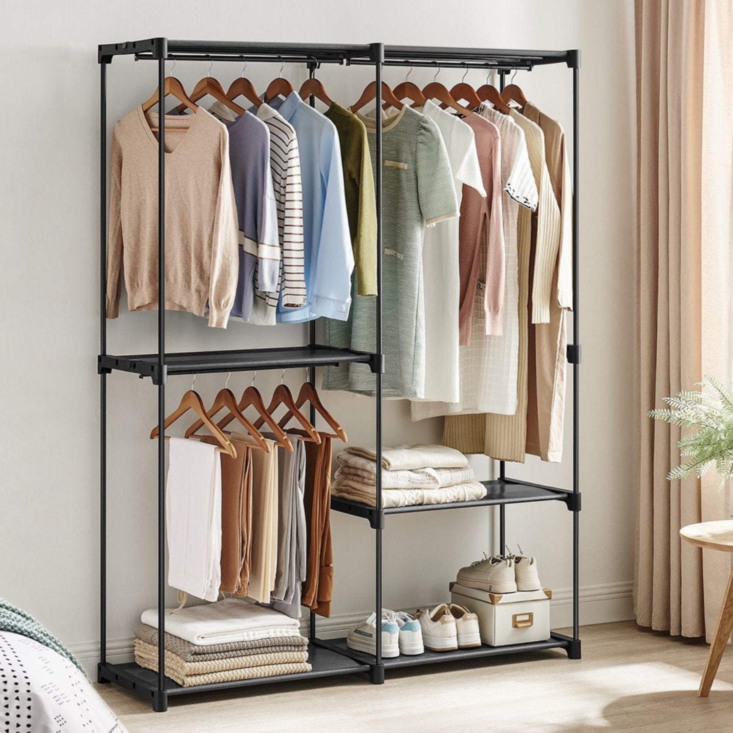 SONGMICS - Armoire Ouverte, Portant Vetement, Armoire Pliable, Dressing, Armoire Métallique, avec Barres de Suspension, pour Vestiaire, Chambre, Noir