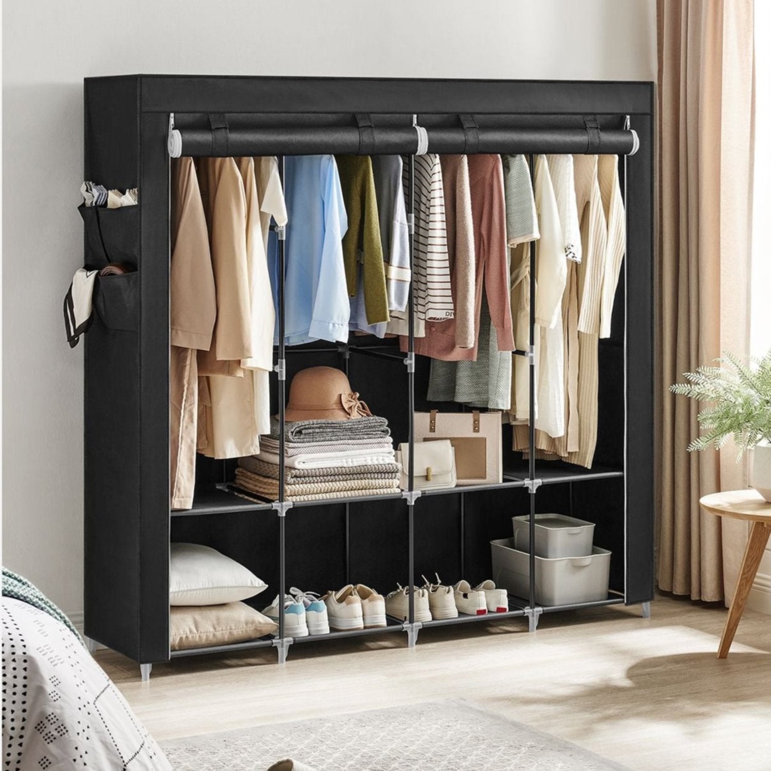 SONGMICS - Penderie Tissu, Armoire Tissu, Portant Vetement, 4 Compartiments de Suspension, abvec Étagères, 4 Pochettes, Grande Capacité, Salon, Noir