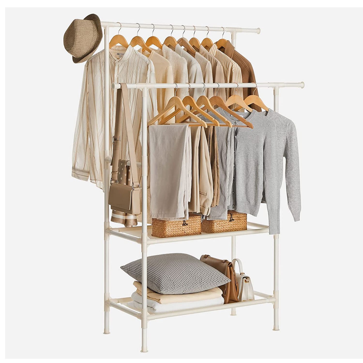 SONGMICS - Portant à vêtements Double Barre, Portemanteau, Penderie, Organisateur, en métal, avec étagère de Rangement à 2 Niveaux, Charge 70 kg