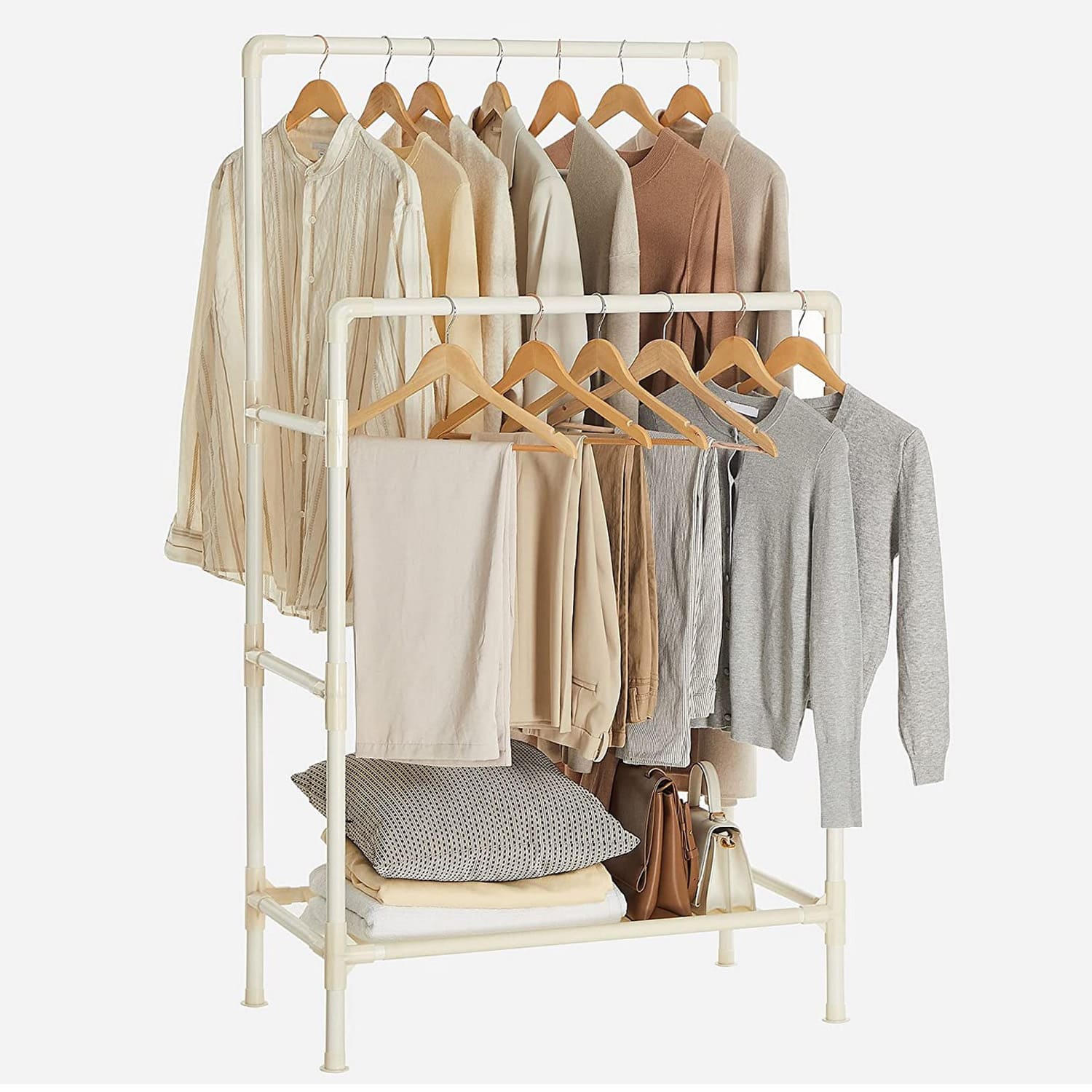 SONGMICS - Portant à vêtements en métal avec 2 tringles à vêtements et compartiment de rangement, charge maximale 55 kg, montage facile, blanc