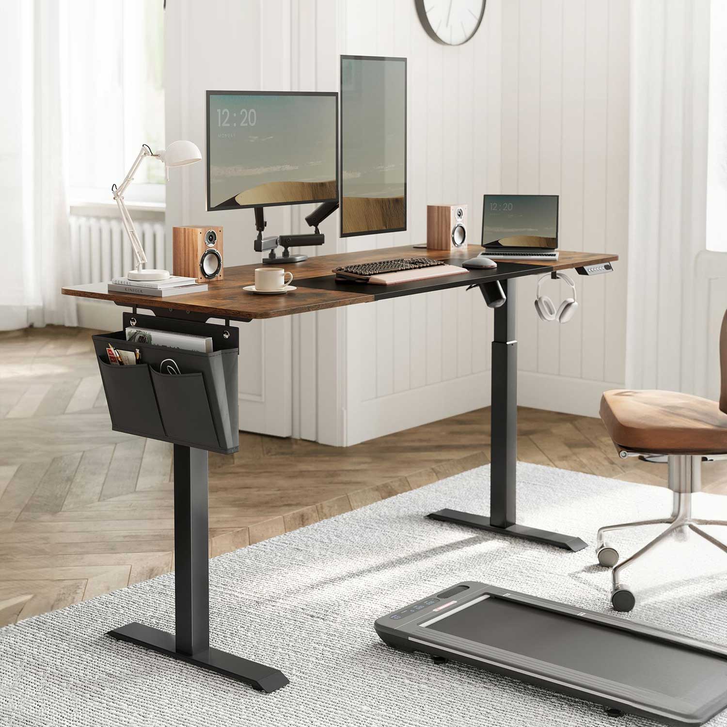 SONGMICS - Bureau Debout, Bureau Assis Debout Electrique, Table Réglable en Hauteur, Mémoire 4 Hauteurs, Pochette, Marron Rustique et Noir Pur