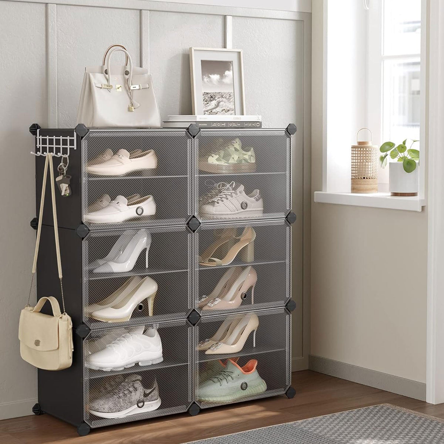 SONGMICS - Etagere Chaussure, Rangement Chaussures, Armoire à Chaussures, 6 Compartiments, Compartiment de 30 x 40 x 30 cm, avec Porte, Noir