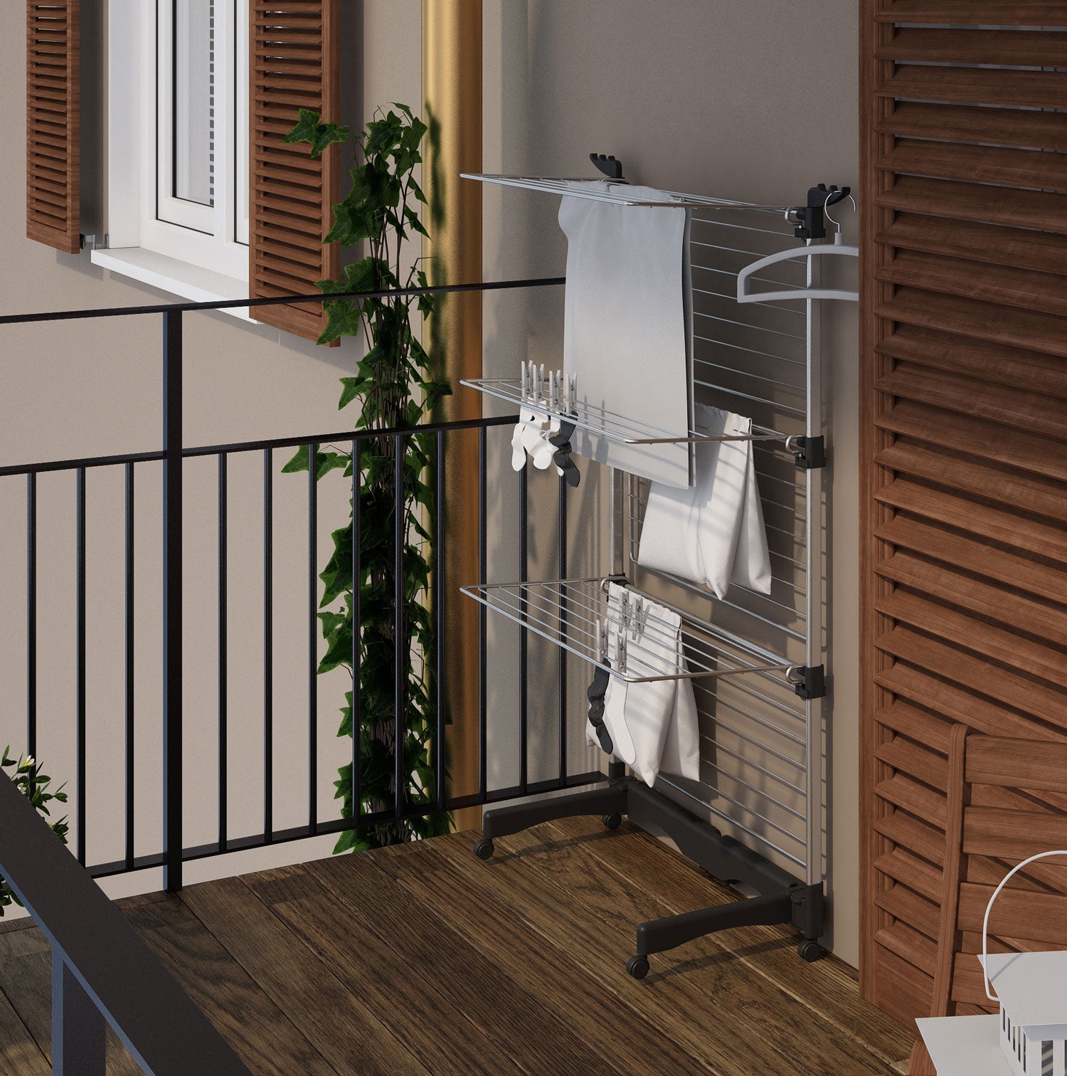 Colombo Vertical - Séchoir Tour, 40m, Étendoir à Linge Tour Pliable avec Barre pour Cintres en Roulletes, 3 Niveaux, Fabrique en Italie