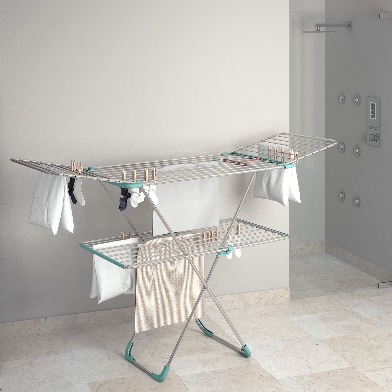 Colombo Double - Tancarville Linge, Grand Étendoir à Linge Pliable a 2 Niveaux avec Ailes 30m, Aluminium Antirouille, Fabriqué en Italie