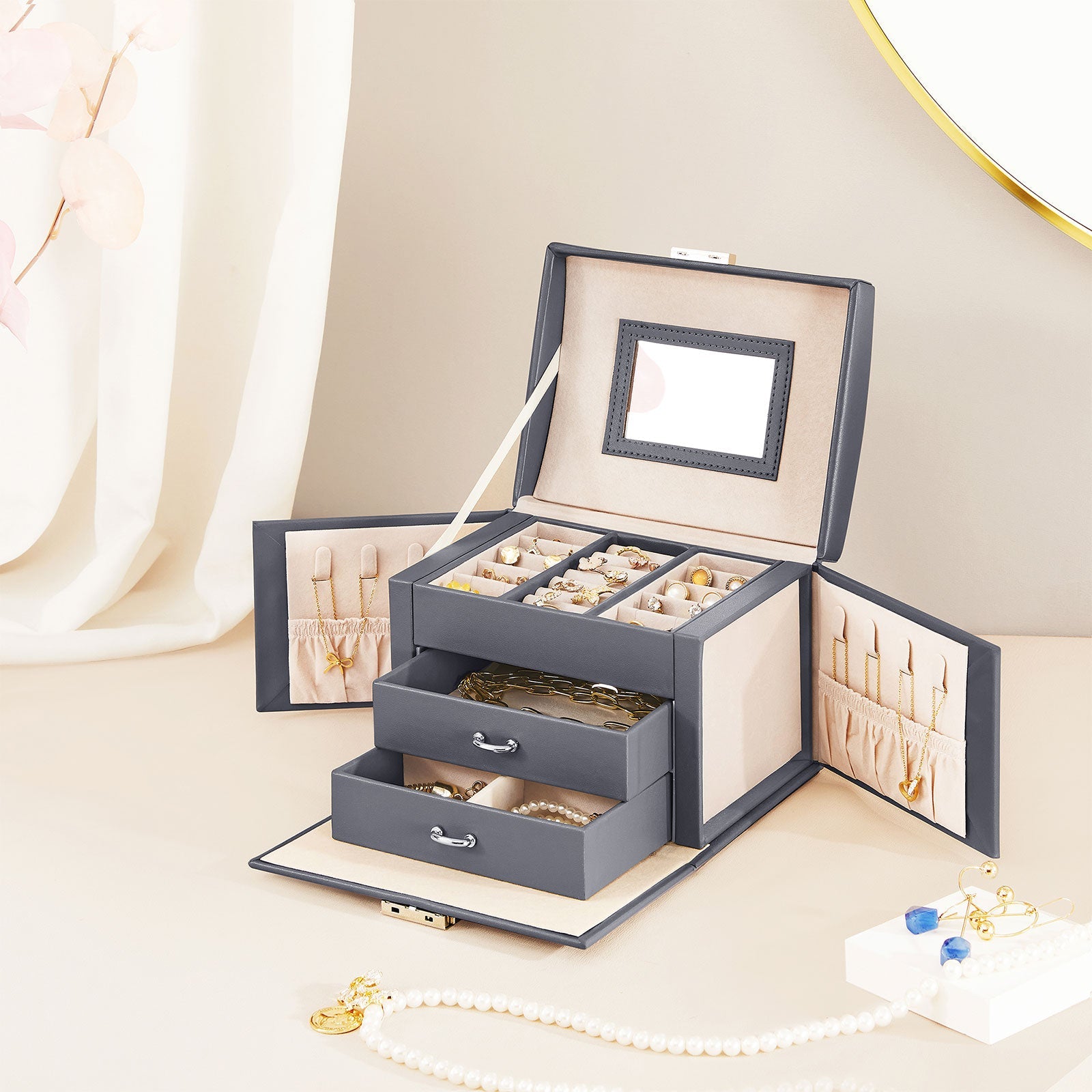 SONGMICS - Boîte à bijoux, Rangement Bijoux, Coffre à Bijoux 3 Niveaux 2 Tiroirs et Miroir, Surface Gris Ardoise, Doublure Beige Sable