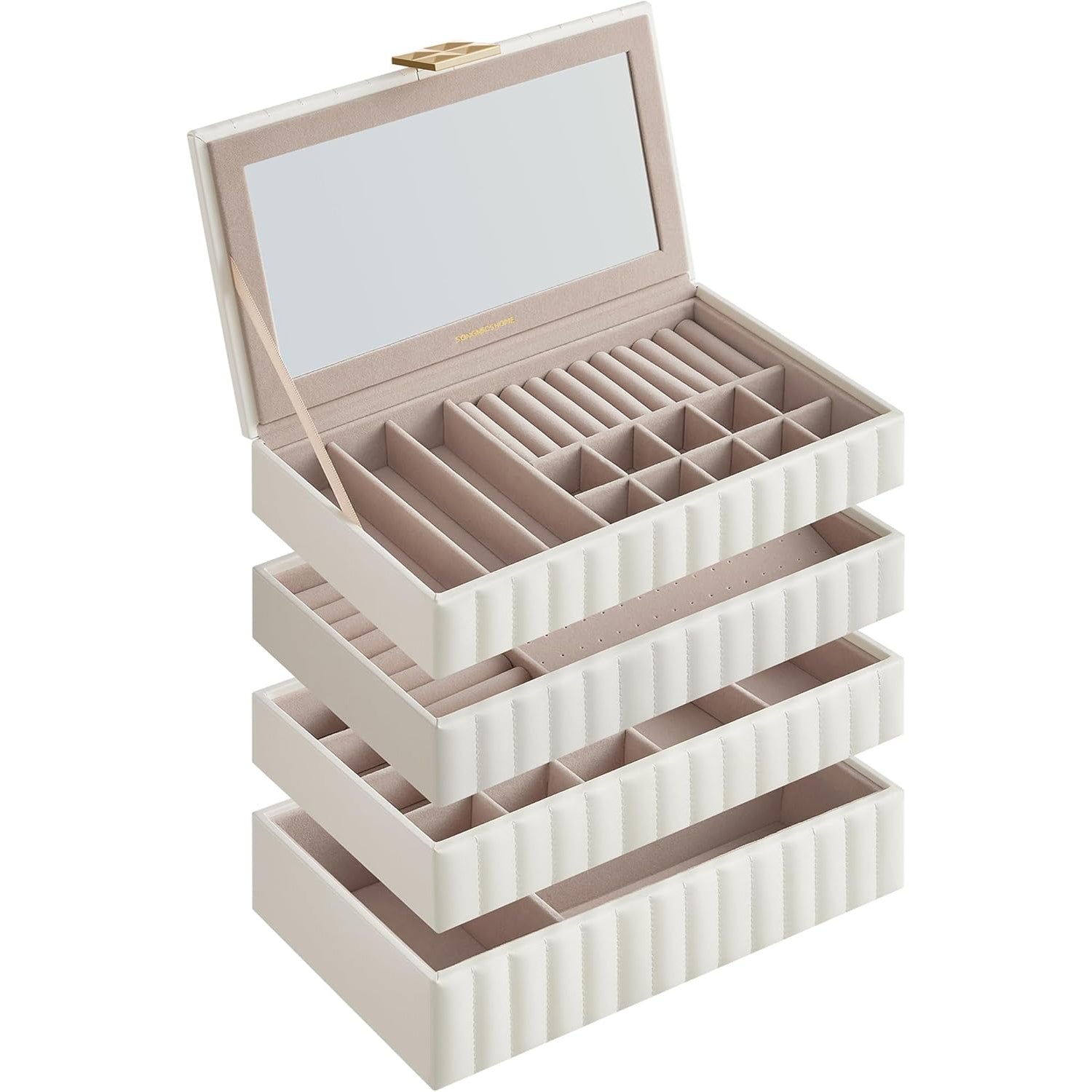 SONGMICS - Boite a Bijoux, Coffret a Bijoux, empilable avec miroir, 4 niveaux, PU avec coutures, plateau à bijoux, 17 x 28 x 20,5 cm, blanc nuage