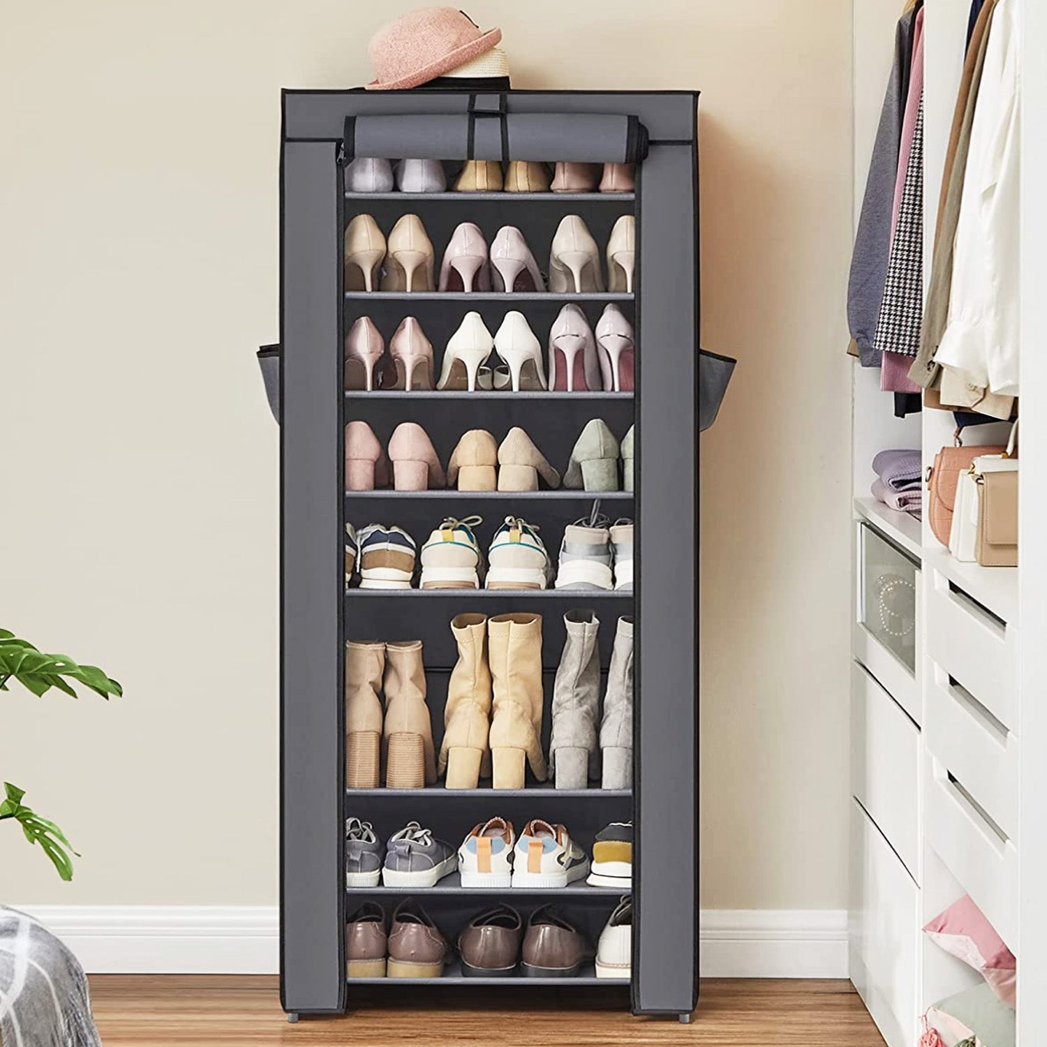 SONGMICS - Armoire/étagères à chaussures 10 couches avec housse 27 paires de chaussures Gris 58 x 28 x 160 cm