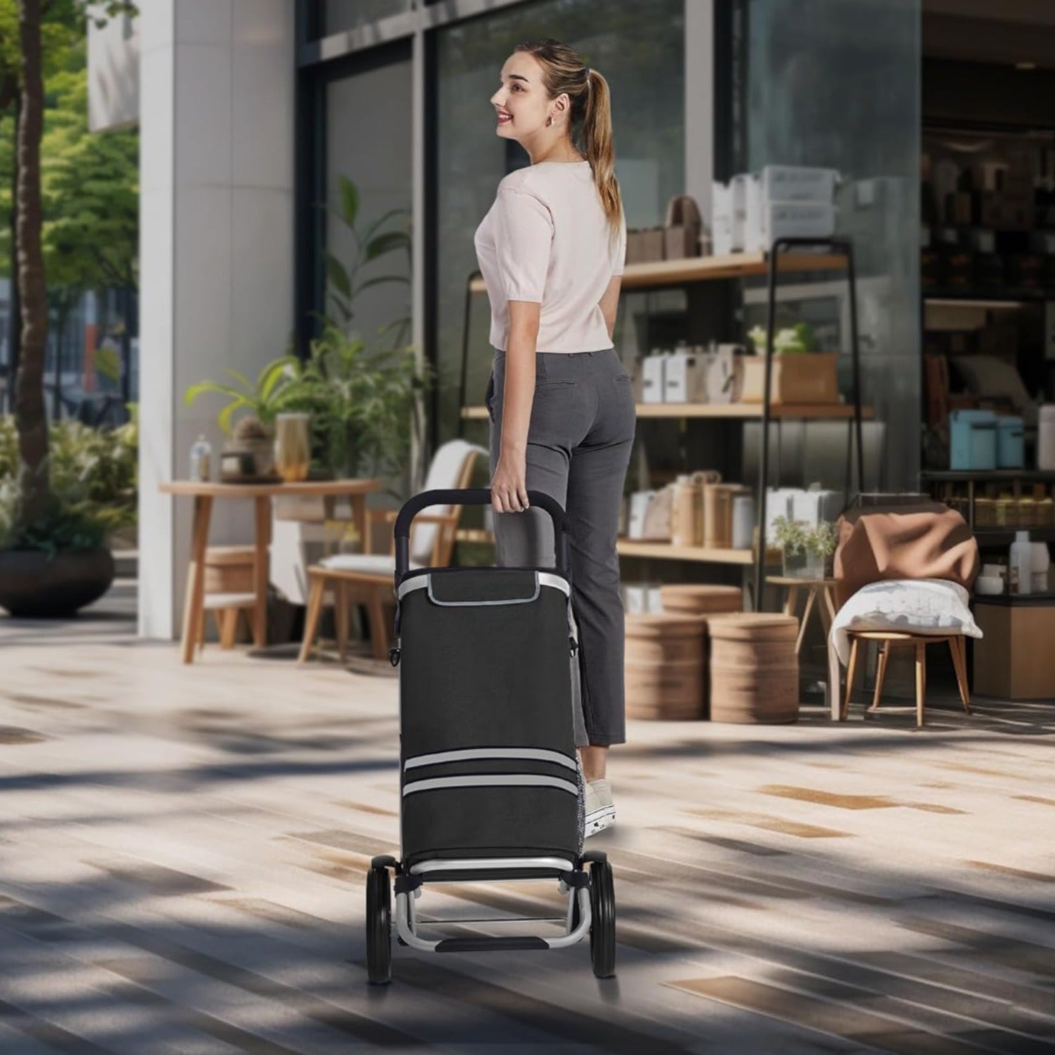 SONGMICS - Caddie de Course, 35L, Chariot de Course Solide, Chariot de Courses, Pliable, avec Sac Isotherme, Polyvalent, Sac Amovible, roulettes, Noir