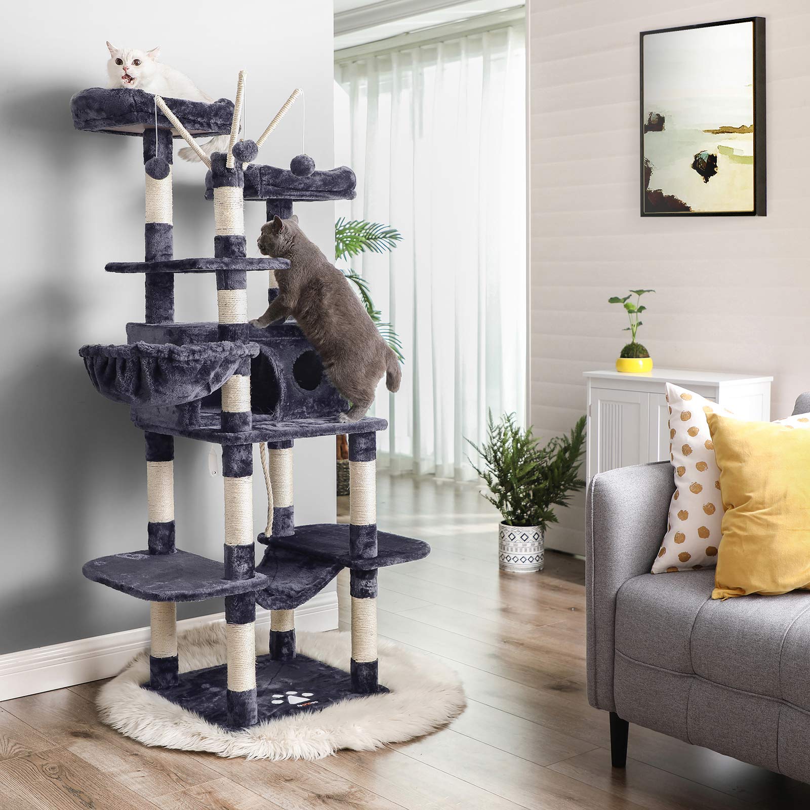 Feandrea - Arbre a Chat, Tour à Griffer Chat, Maison de Toilette pour Chat, Tour de Jeu, Hauteur 164 cm, Gris Anthracite