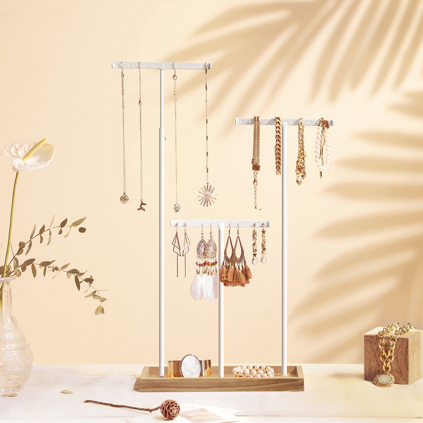 SONGMICS - Porte Bijoux, Organisateur de Bijoux, Support à Bijoux, Présentoir de Bijoux avec 3 Barres, Marron Rustique et Blanc
