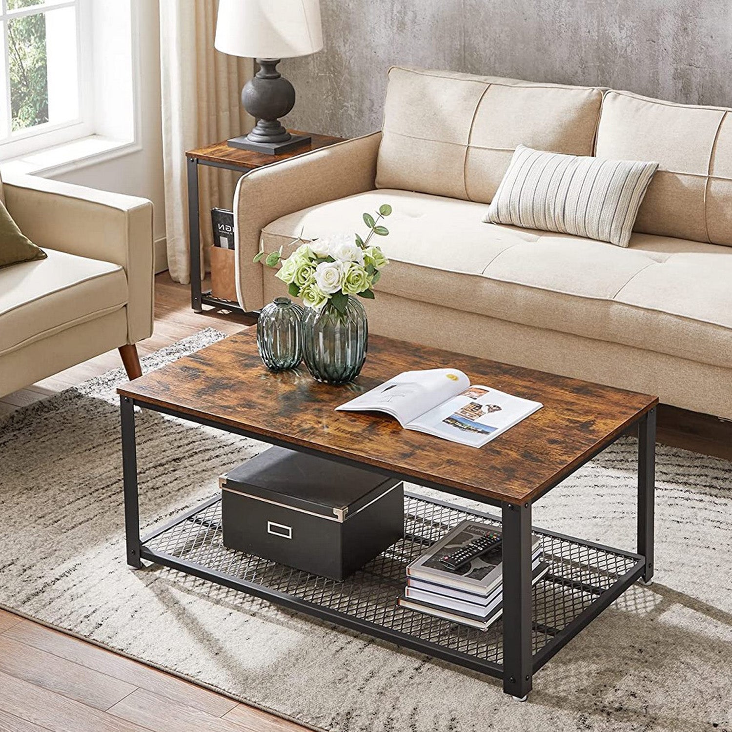 VASAGLE - Table Basse, Table de salon, Bout de canapé, avec grand plateau, pieds réglables, protection du plancher, armature métallique rigide