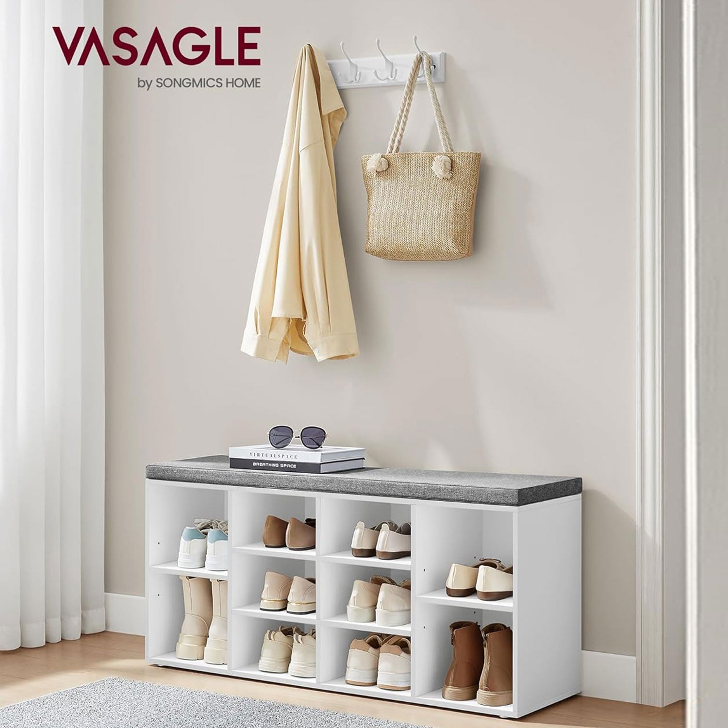 VASAGLE - Banc Chaussures, 10 Compartiments, Banc Rangement Chaussures, Banc Chaussures Entrée, avec Coussin Rembourré, Etagere Chaussure, Blanc Gris