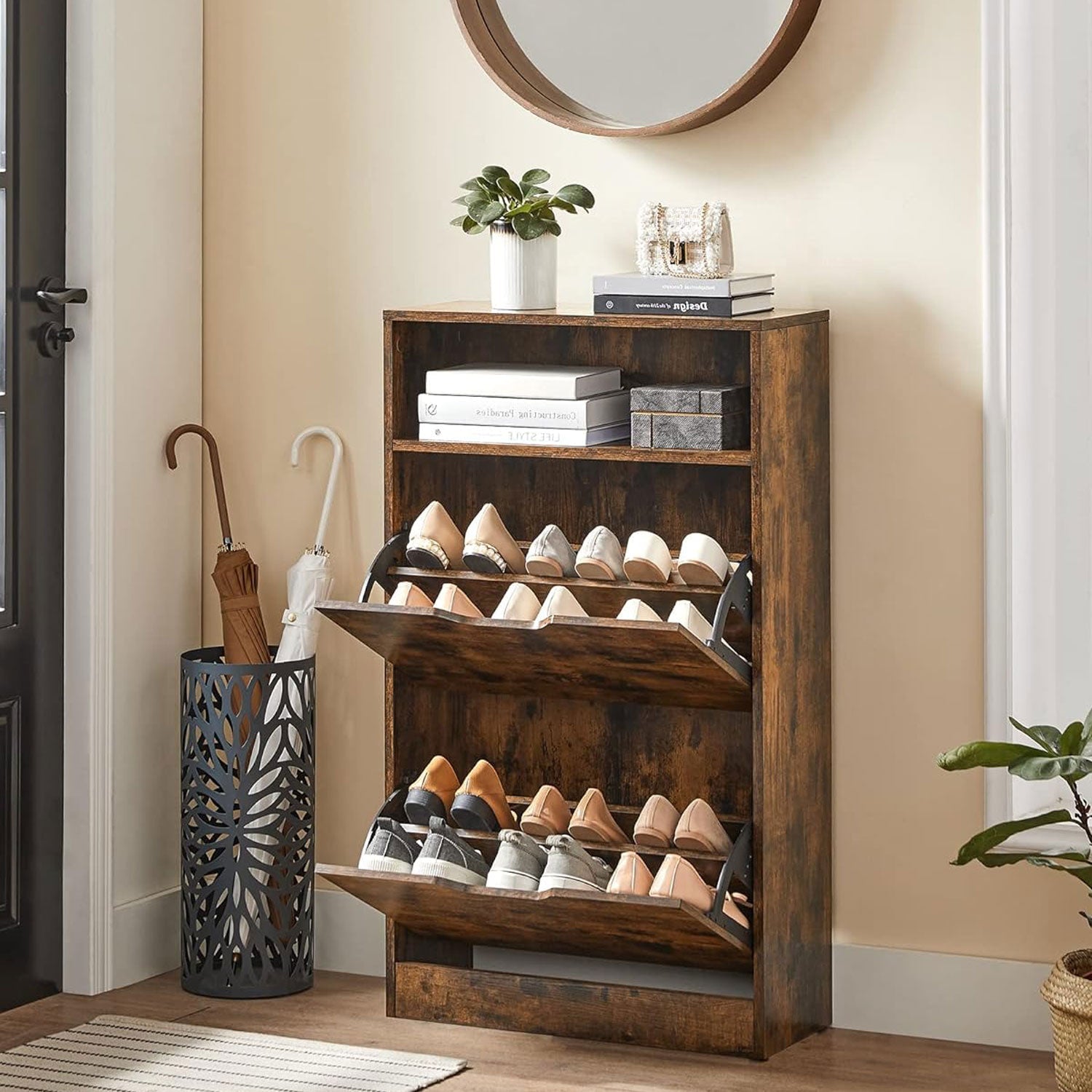 VASAGLE - Meuble Chaussure, 8 à 12 Paires, Etagere Chaussure, Range Chaussures, 2 Portes Battantes, Compartiment Ouvert, Séparateur Réglable, Marron