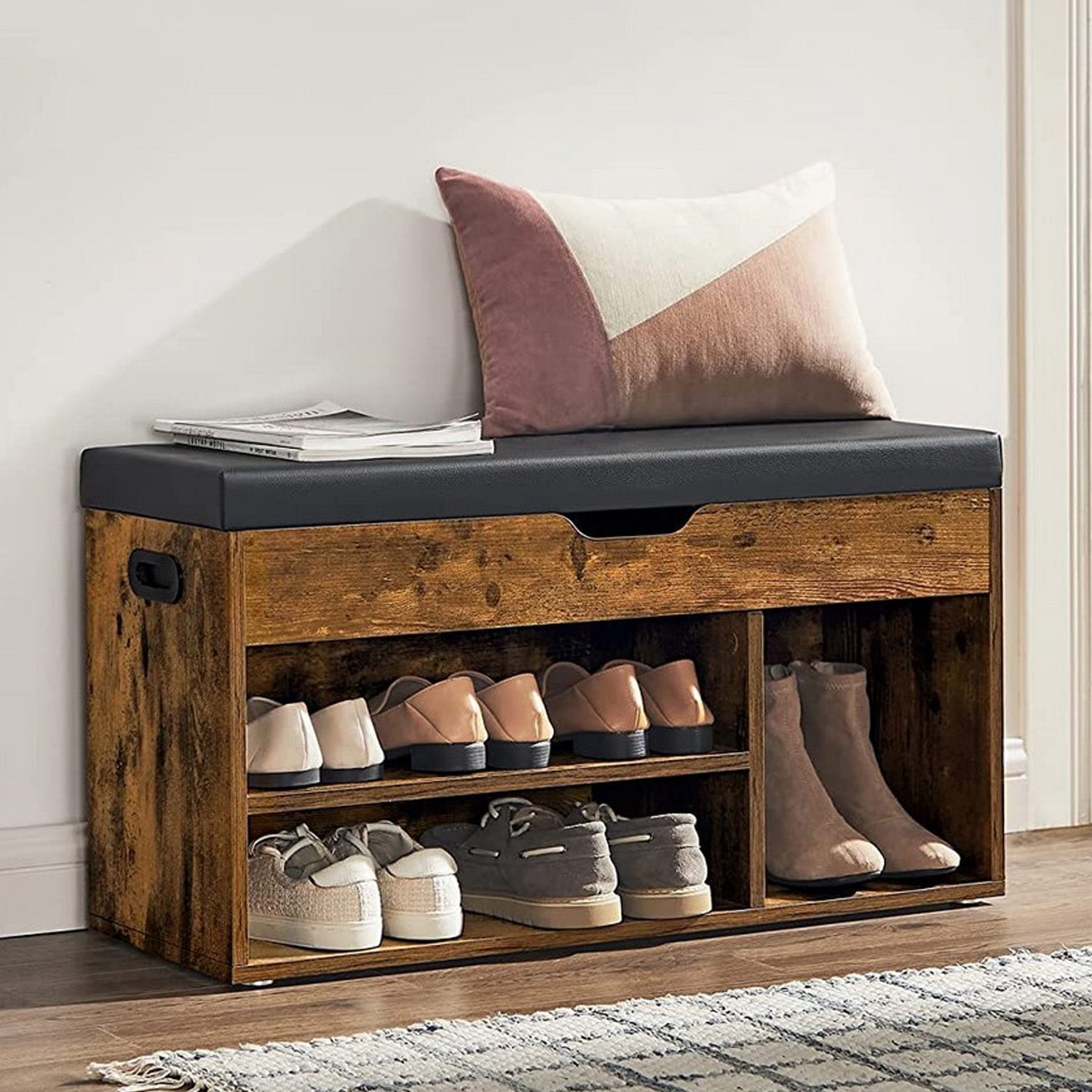 VASAGLE - Banc à chaussures, Meuble d’entrée, rembourrée, 3 compartiments et 1 coffre, Étagère à chaussures, salon, entrée, charge 150 kg