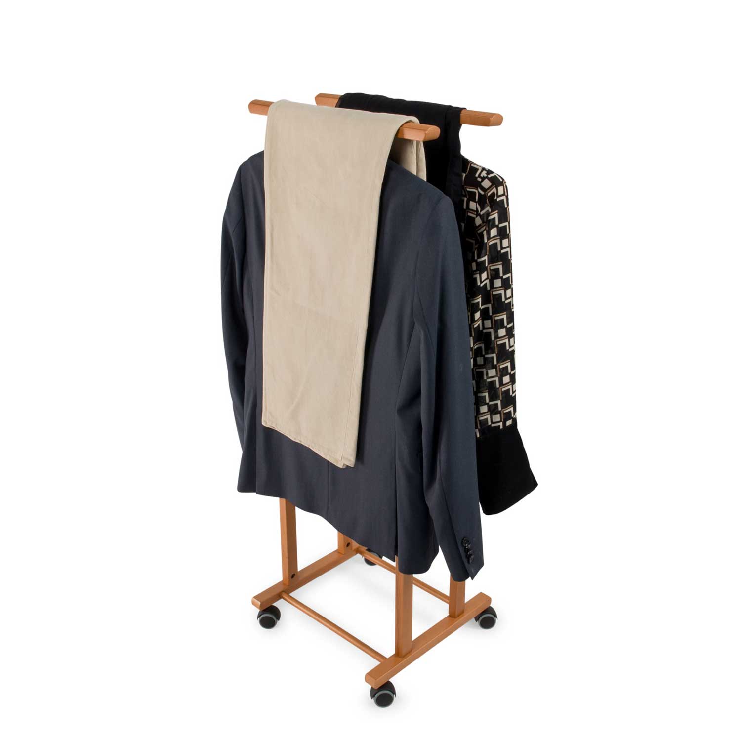 ARIT - Chevalet Vetement CLEVER, Valet de Chambre Bois, Composé de 2 cintres et de 2 porte-pantalons, pieds en caoutchouc à la base - Couleur cerise