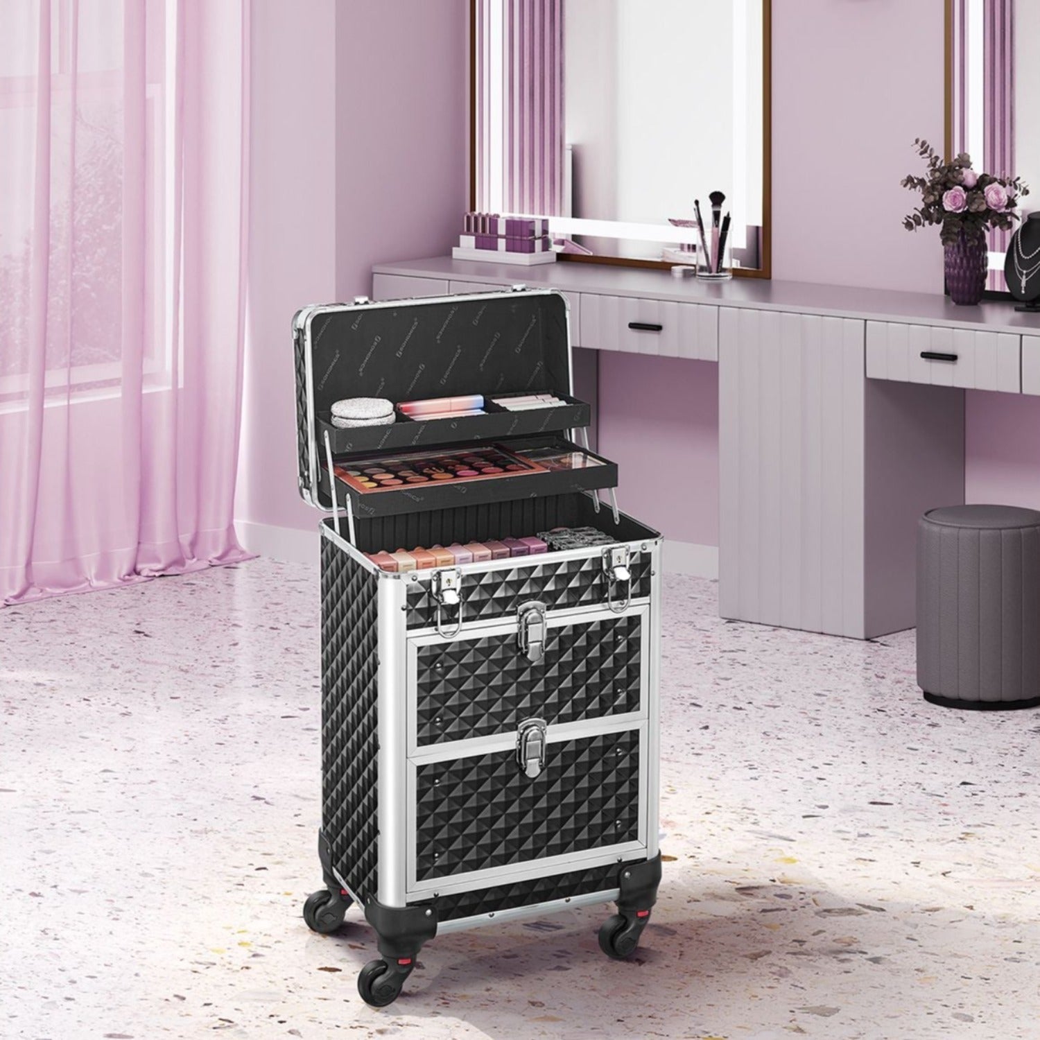 SONGMICS - Valise de Maquillage Professionnel, Mallette Cosmétique, avec 2 Tiroirs, Roulette Pivotante à 360°, pour Maquilleur, Coiffure, Noir