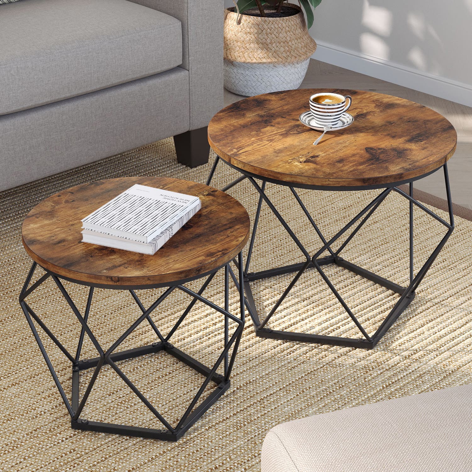 VASAGLE - Lot de 2, Tables d'appoint, Panneaux d’aggloméré, Table basse, Acier, Marron Rustique, Noir