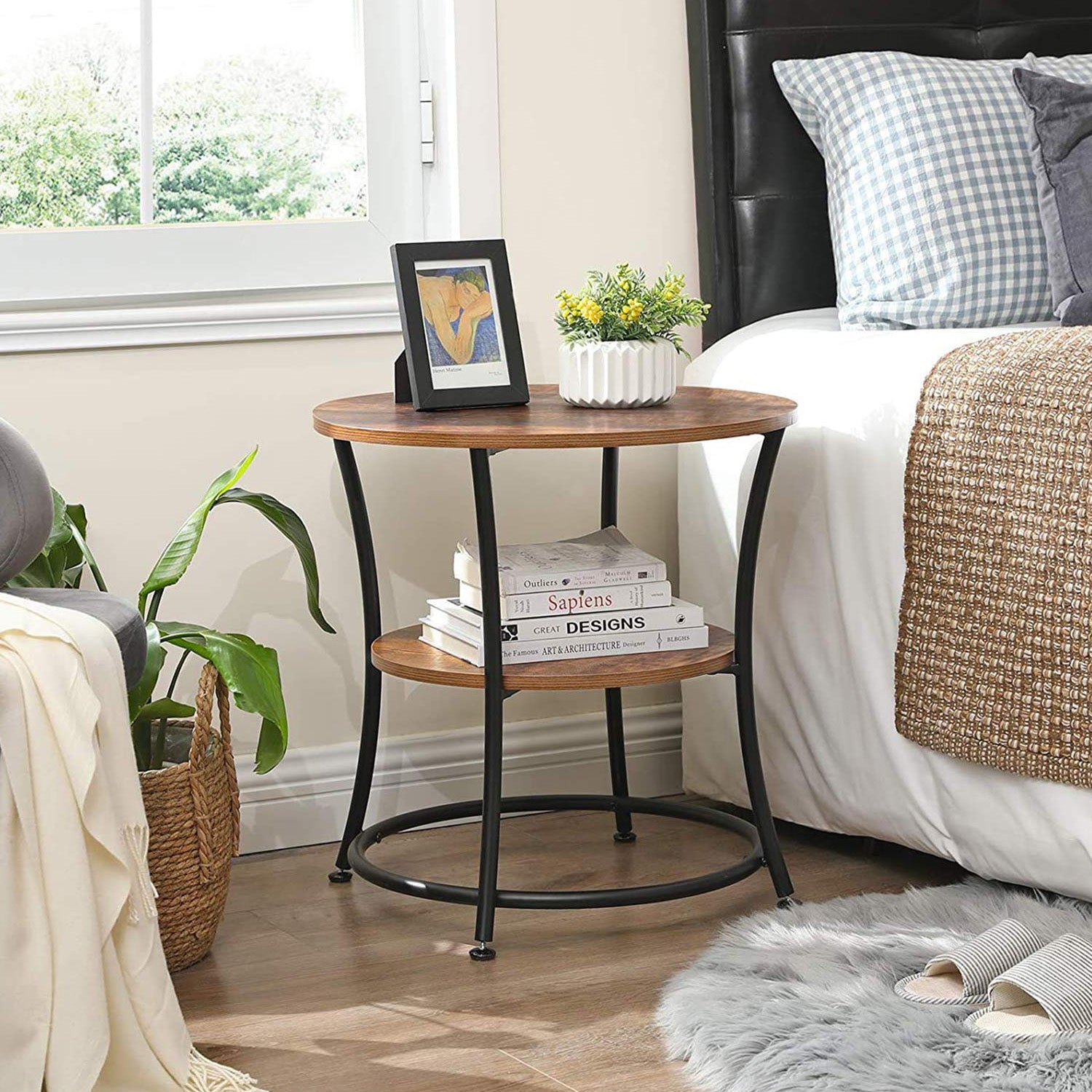 VASAGLE - Table d'Appoint Ronde, Table Console, Bout de Canapé, Table de Chevet, 2 Niveaux, pour Salon, Chambre, Structure en Métal, Table Basse