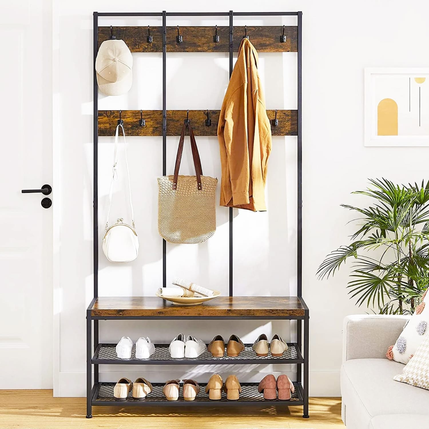 VASAGLE - Grand porte-manteaux, avec Banc à chaussures, Meuble d'entrée, Vestiaire, 12 Crochets, Étagère à chaussures, Armature en fer rigide