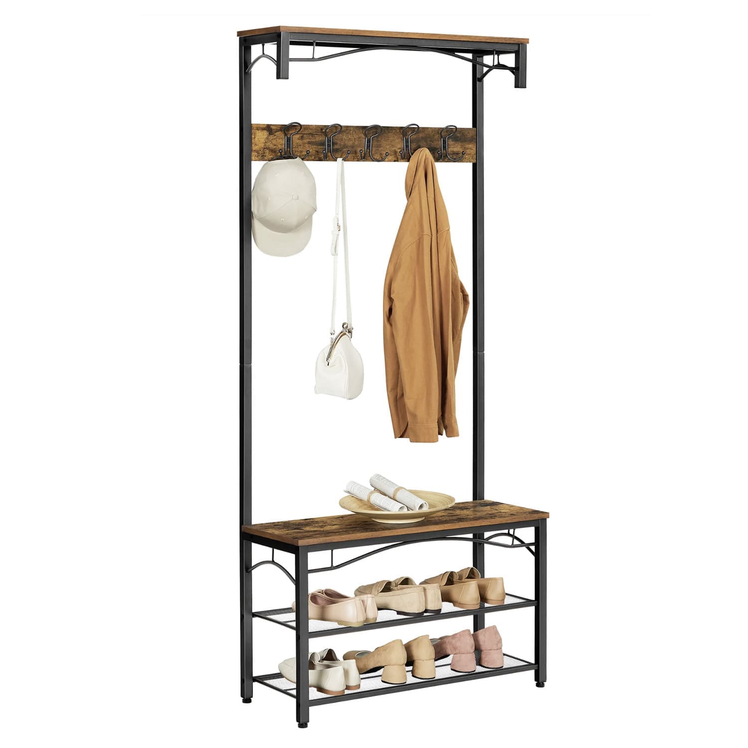 VASAGLE - Porte-Manteau, Meuble d'entrée, avec Étagère à chaussures, Banc et Crochets, Armature en métal mat, Style rustique