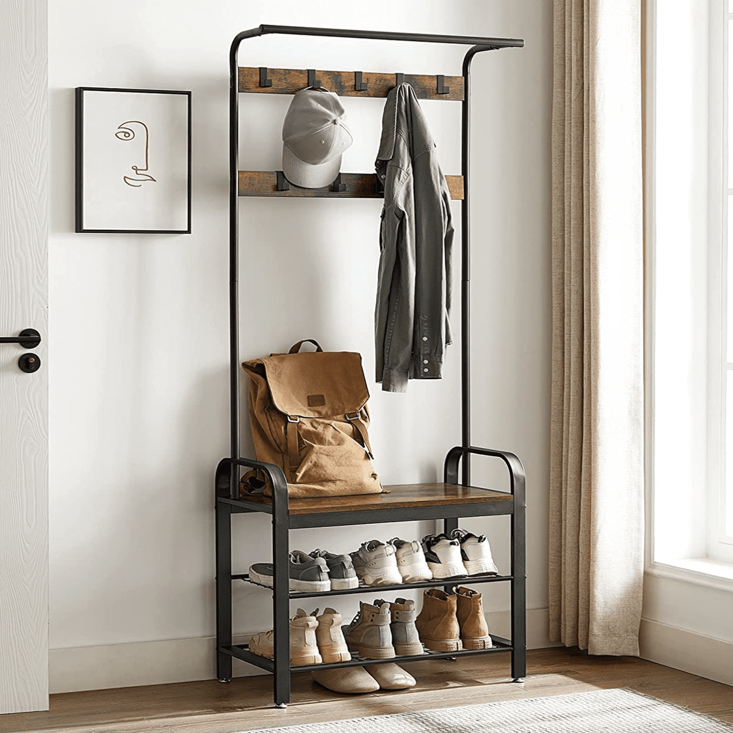 VASAGLE - Porte-Manteau, Vestiaire, Meuble d’Entrée avec Étagère Chaussures à 3 Niveaux, avec Crochets Amovibles, Hauteur 183 cm