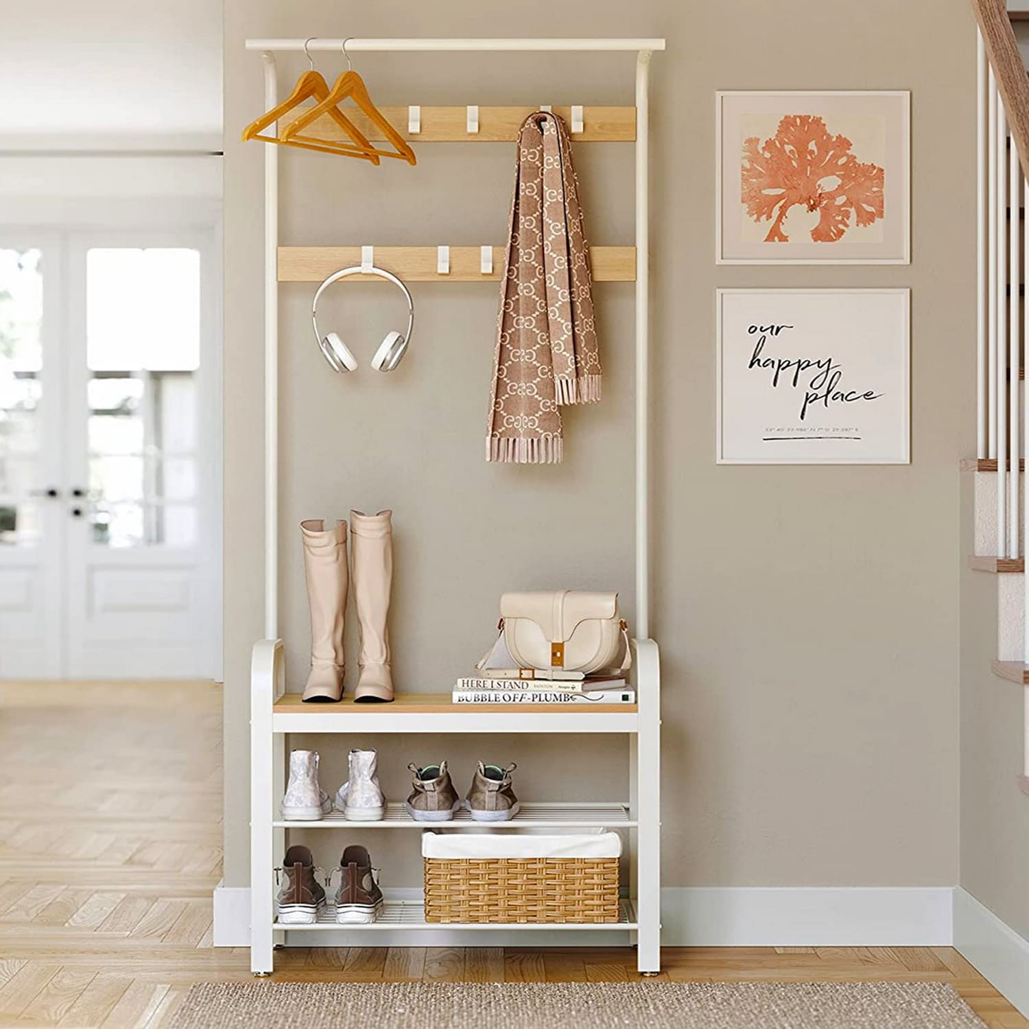 VASAGLE - Porte-Manteaux, Porte Manteau Entrée, Vestiaire d'Entrée, avec Banc à Chaussures, Vestiaire d'Entrée avec Banc, avec 9 Crochets Amovibles