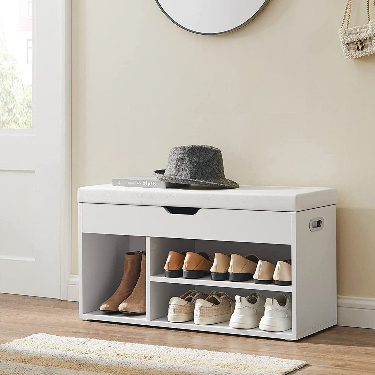 VASAGLE - Banc de Rangement à Chaussures avec Coussin Confortable 3 Compartiments Coffre, Chaussures avec Assise 2 Étages, Charge max 150 kg