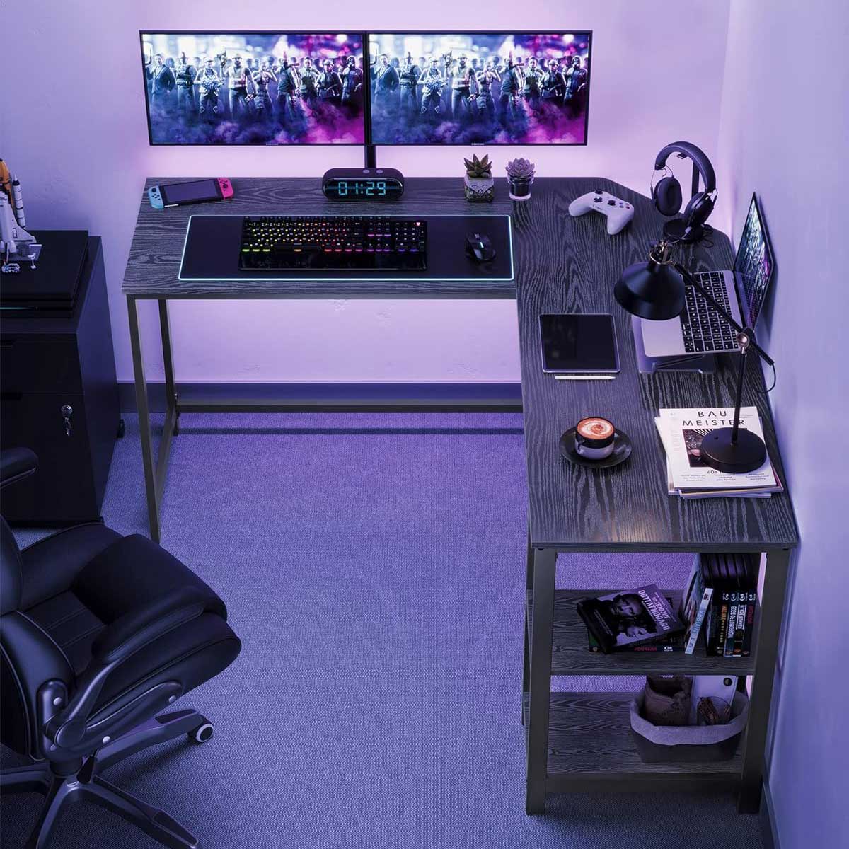 VASAGLE - Bureau d'angle, Bureau d'ordinateur, Bureau d'angle Gamer, Bureau en L avec 2 étagères, Noir avec grain de bois