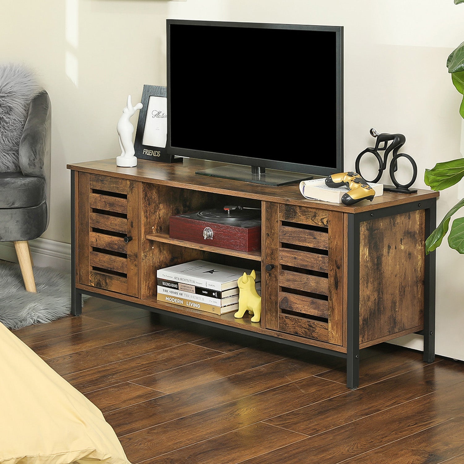 VASAGLE - Meuble TV, Support télévision, placards de Rangement, Portes persiennes, pour Salon, Salle de Jeu, Style Industriel