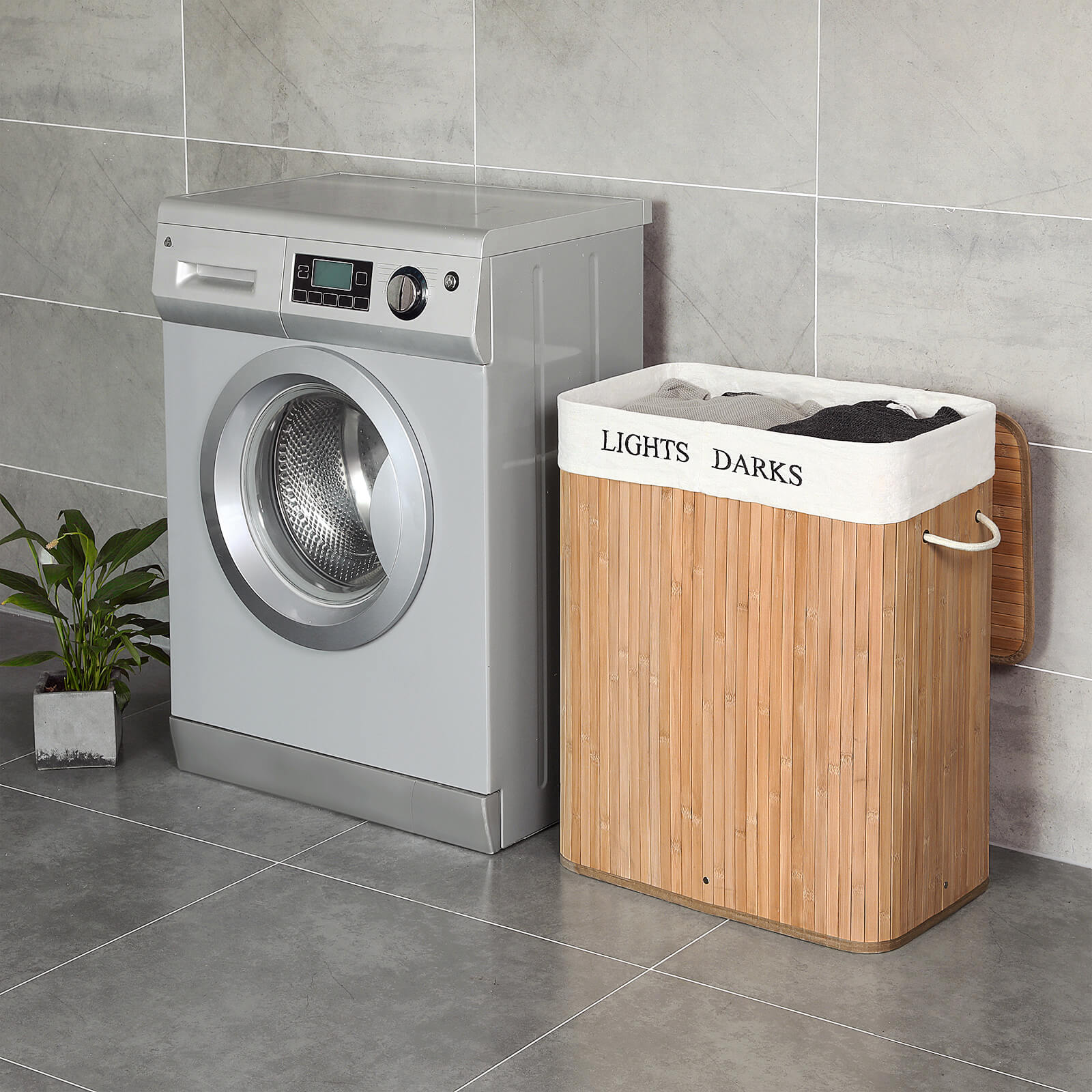 SONGMICS - Panier à linge en bambou, Corbeille à linge, 100L, pliable, 2 compartiments, avec sac amovible et lavable, pour buanderie