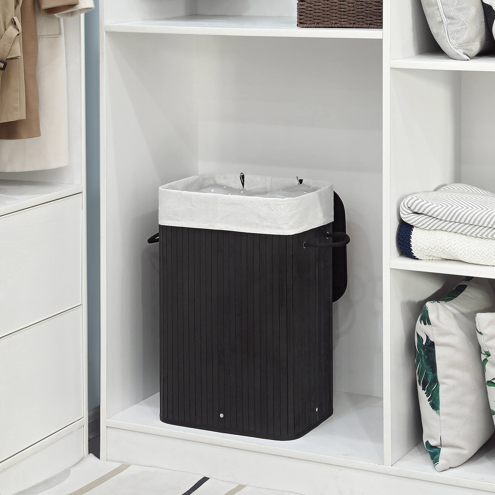 SONGMICS - Panier à Linge en Bambou, Pliable avec Sac Amovible, Lavable, Noir