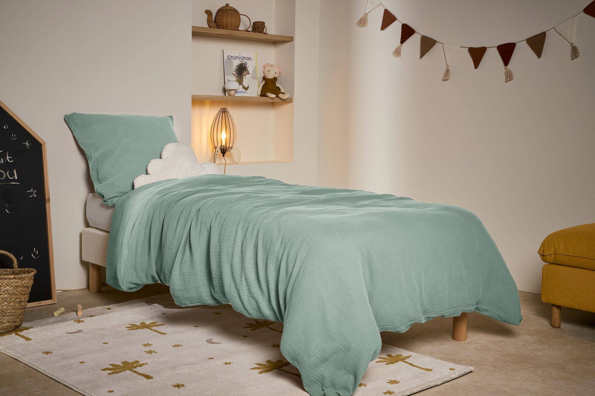 Parure de lit enfant gaze de coton bio Lou CAMIF - Vert d'eau - 140 x 200 cm