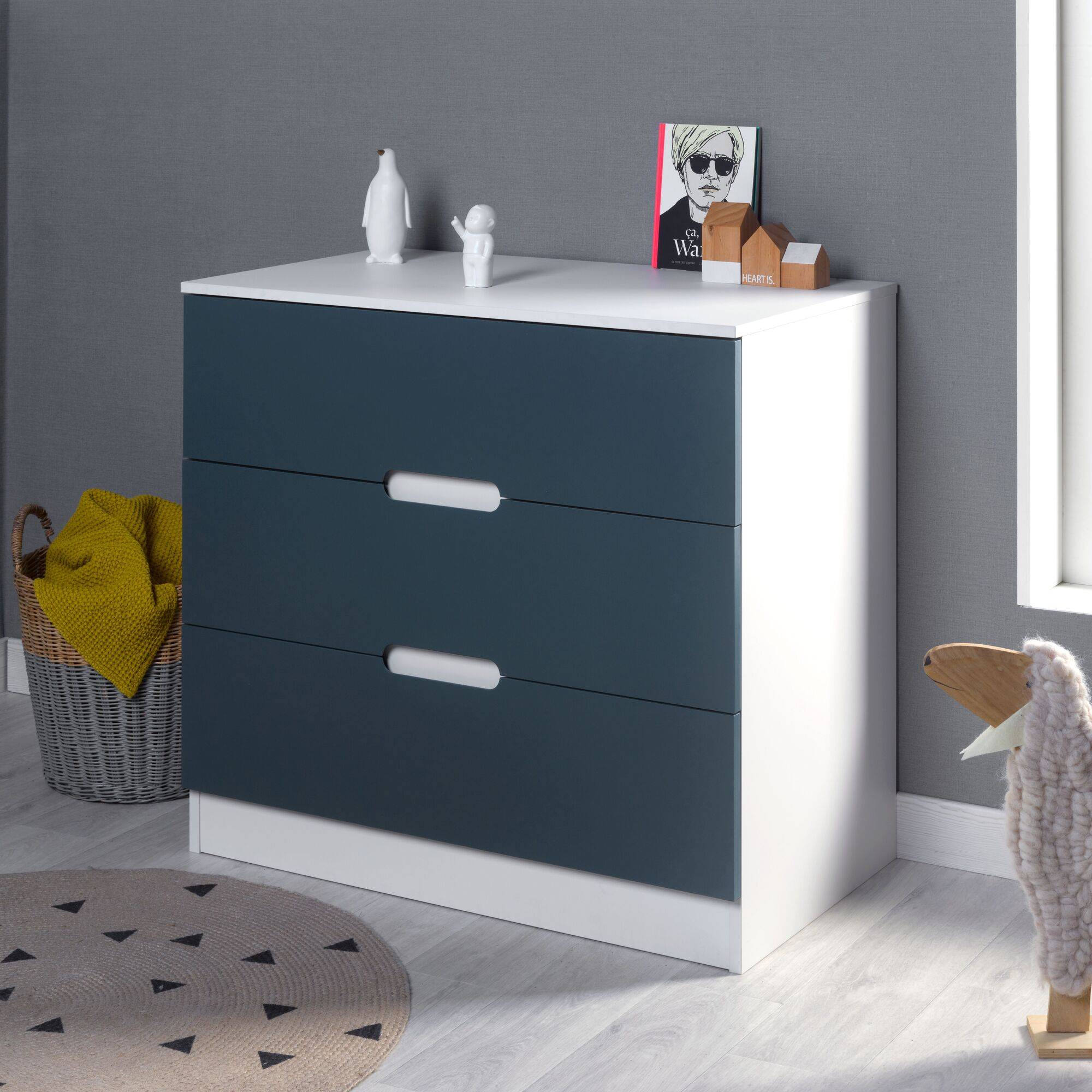 Commode 3 tiroirs Séraphin - Blanc/Bleu Nuit