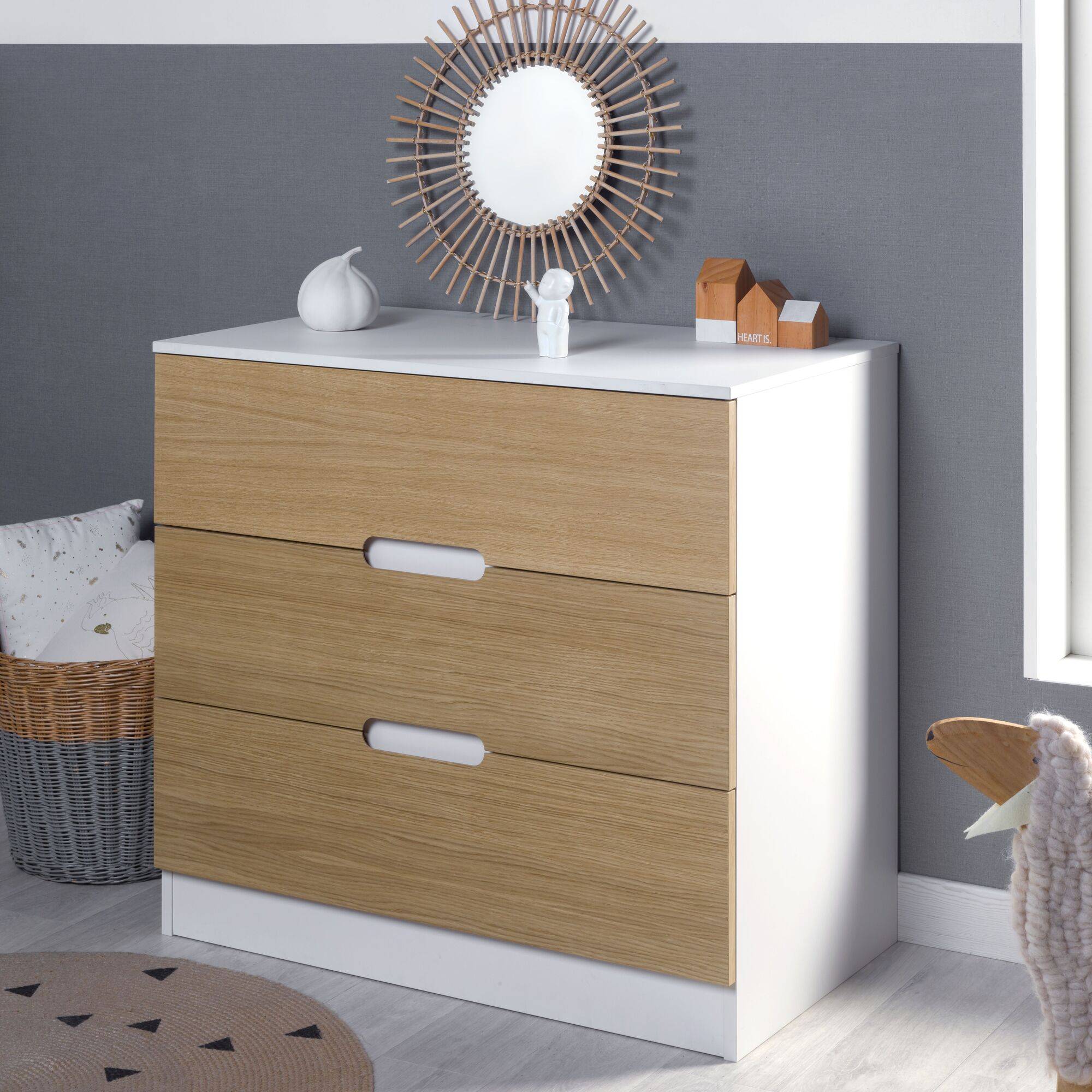 Commode 3 tiroirs Séraphin - Blanc/Bois