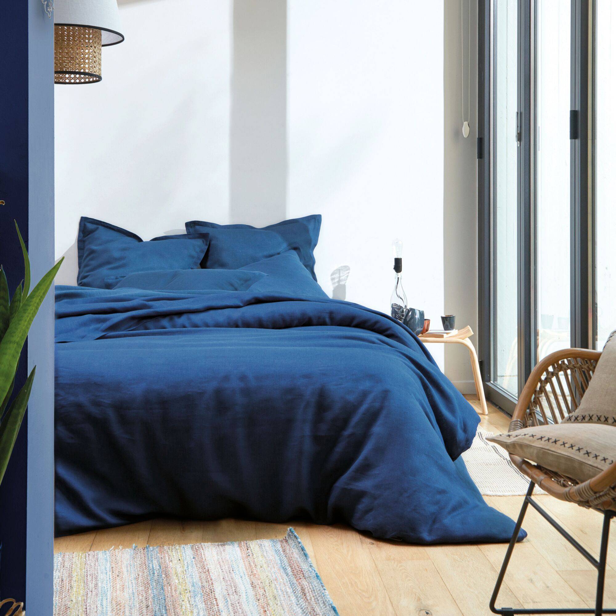 Drap 100% lin lavé, Louxor BLANC DES VOSGES - Marine - 240 x 300 cm