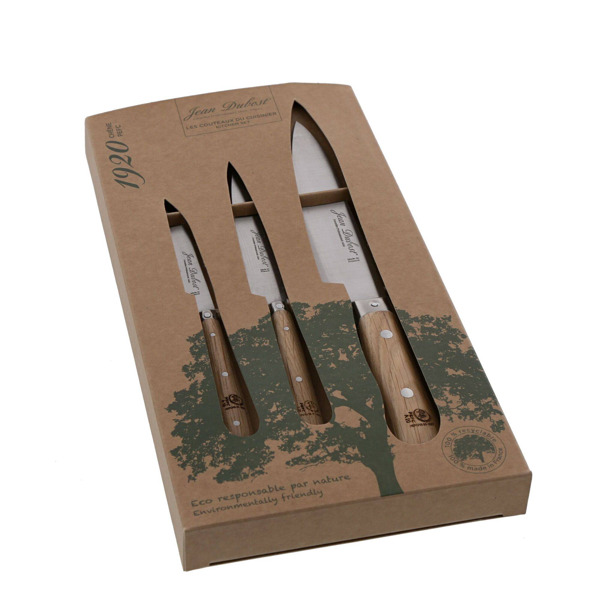 Coffret de 3 couteaux de cuisine manche chêne JEAN DUBOST