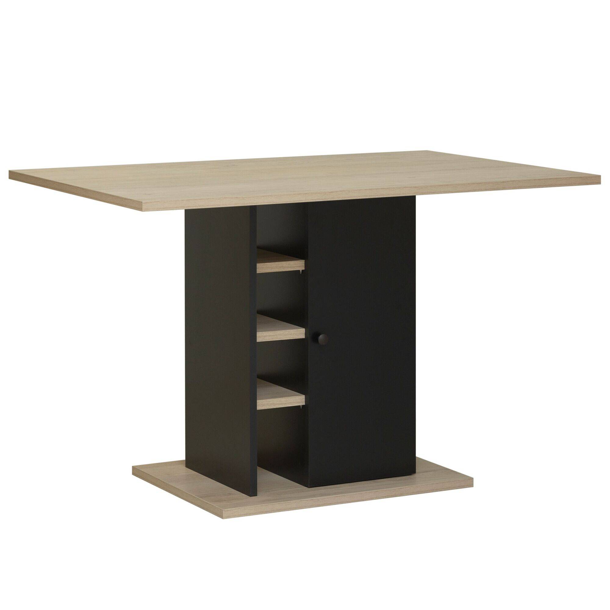 Table îlot décor bois et noir pied central avec rangement 4 personnes Gueric