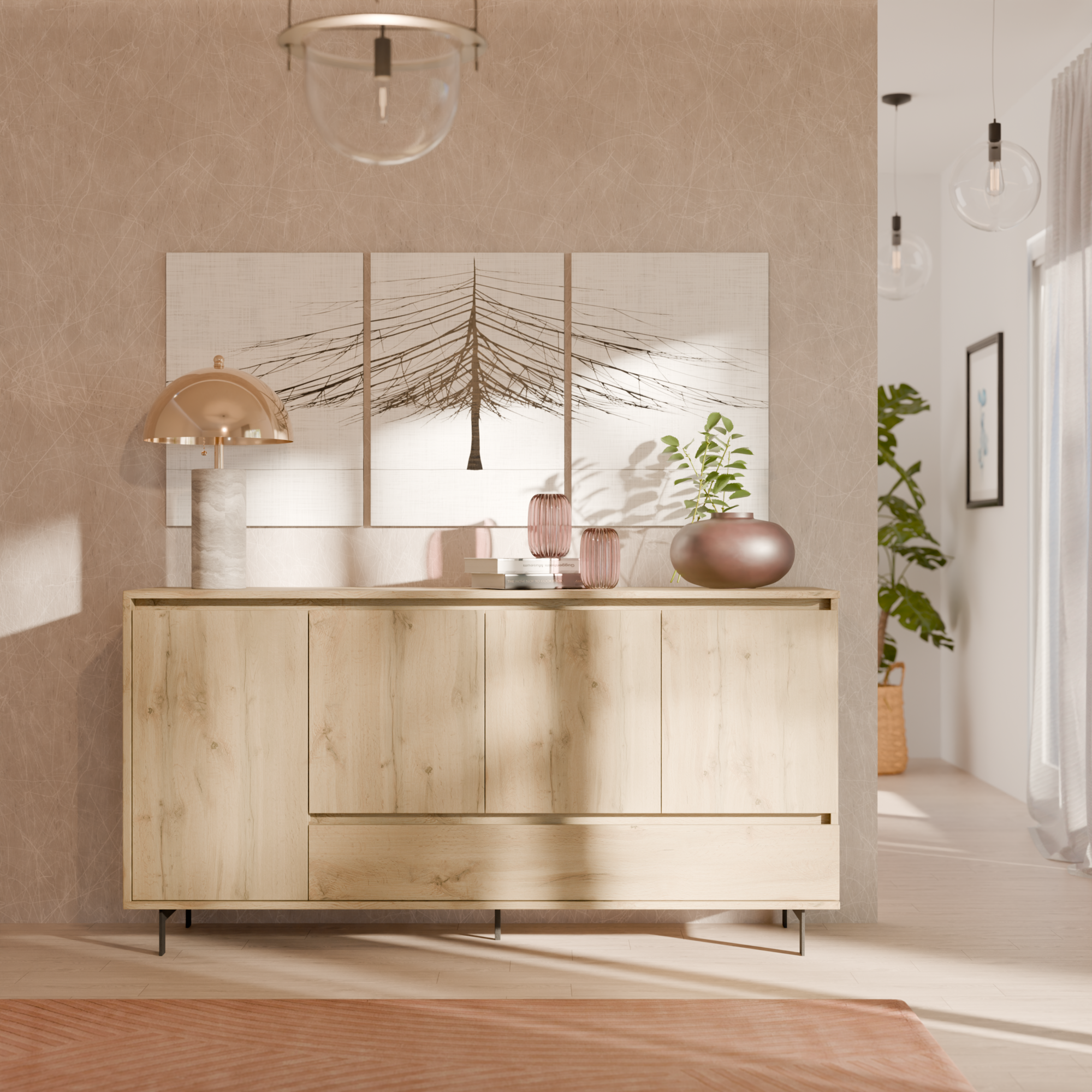 Buffet 4 portes 1 tiroir décor bois Gustavo - Chêne naturel