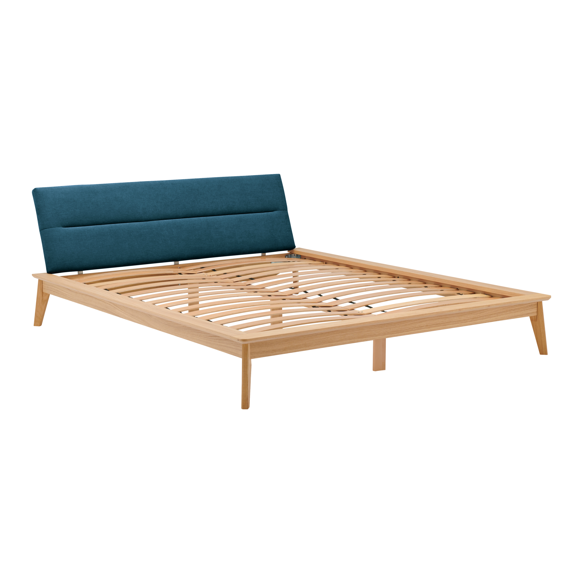 Lit bois avec tête de lit tissu Atia CAMIF - Bleu Foncé - 140 x 190 cm