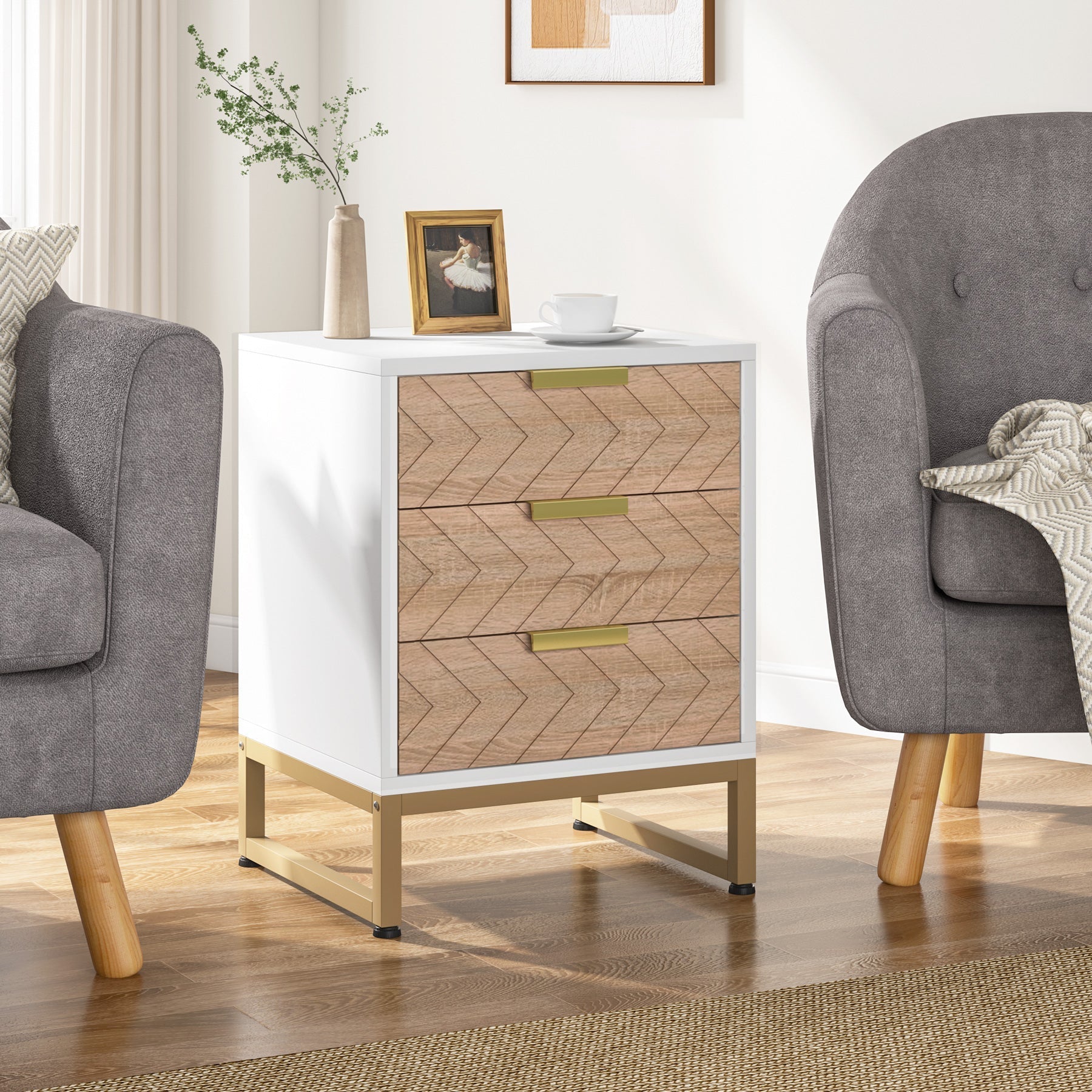Tribesigns - Table de Chevet 3 tiroirs avec Design Unique en Zigzag, Table d'appoint Moderne pour Chambre et Salon, Table Basse, Blanc et doré