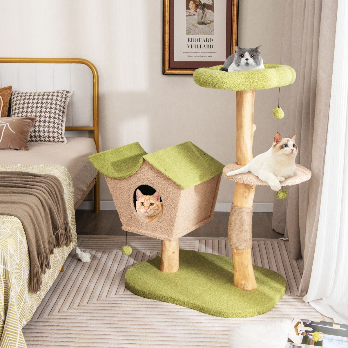 Costway - Arbre à Chat, Griffoir Chat, 110cm, en Bois Perchoir Supérieur Rembourré Condo pour Chatcentre d'Activité pour Chat Balles Pendantes, Vert