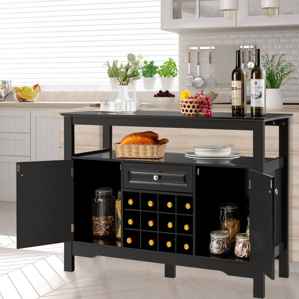 Costway - Buffet de Cuisine, Buffet Salon, Casier a Bouteille, Porte Bouteille Vin, 1 Tiroir et 2 Armoires Meuble Rangement, Noir