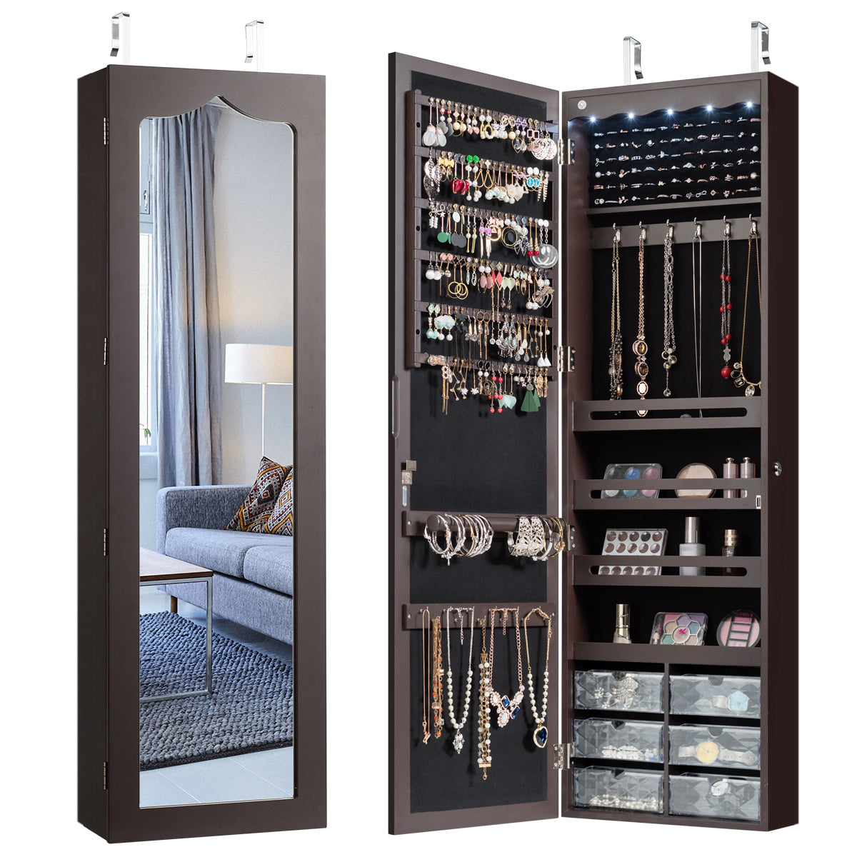 Costway - Armoire a Bijoux, Miroir Bijoux, Armoire Bijoux, Murale, LED avec Miroir 6 Tiroirs Hauteur du Crochet Ajustable, 120x36,5x11,5CM, Marron