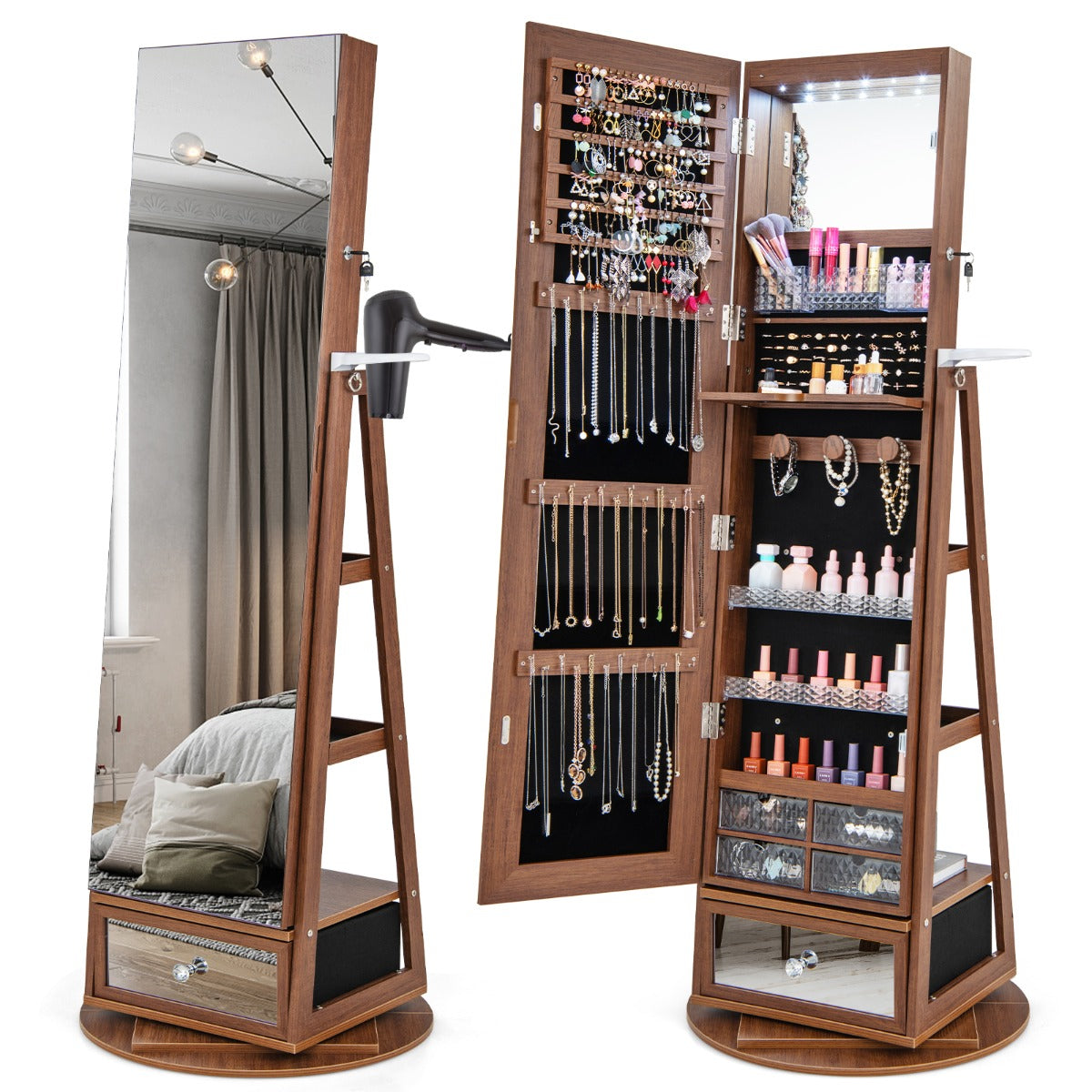 Costway - Armoire a Bijoux, Miroir Bijoux, Armoire Bijoux, Pivotante à 360°Miroir Pleine Longueur Lumières LED Etagère 3 Niveaux, Marron
